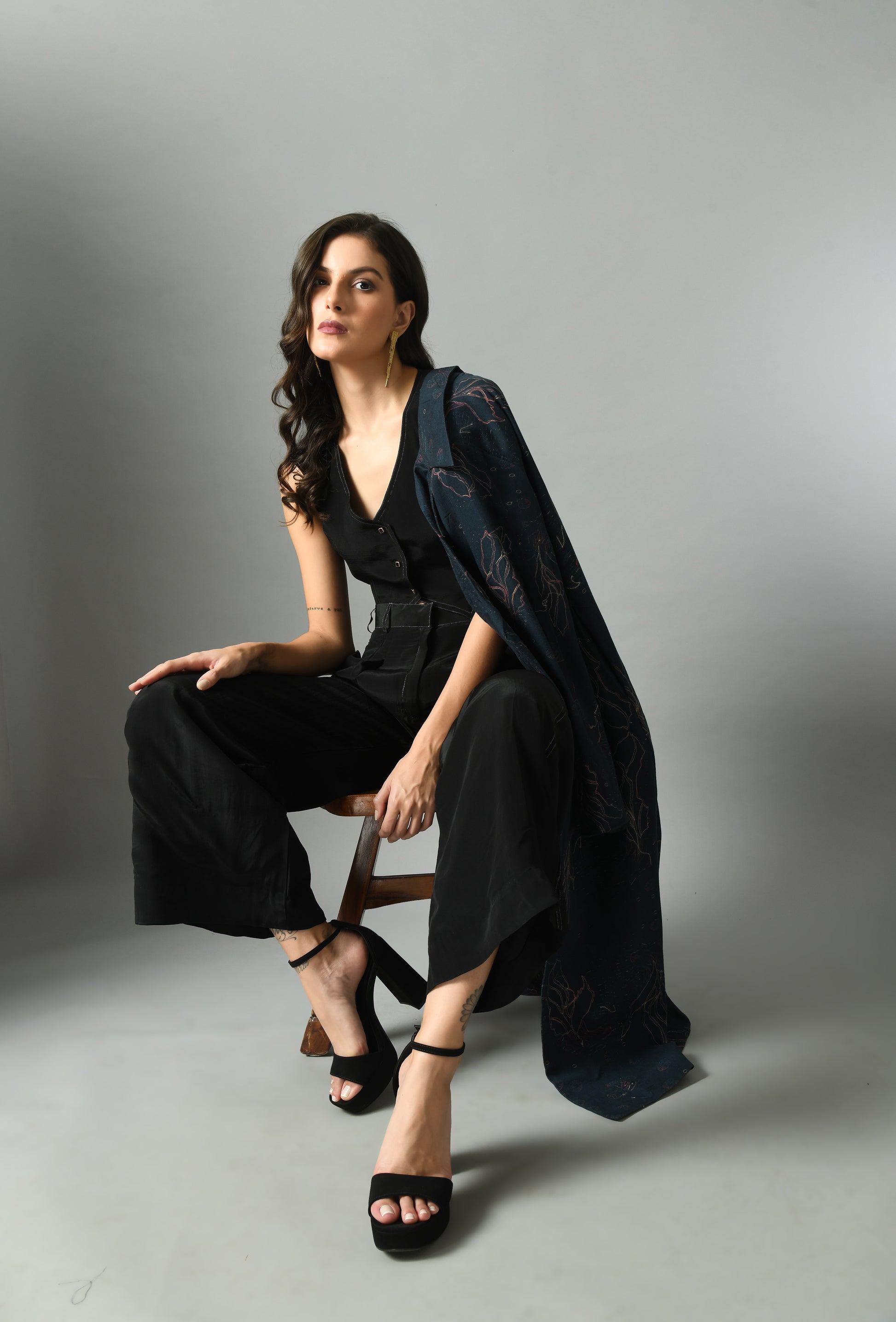 Stylish Black Crepe Silk Moonshine Waistcoat Trouser Set