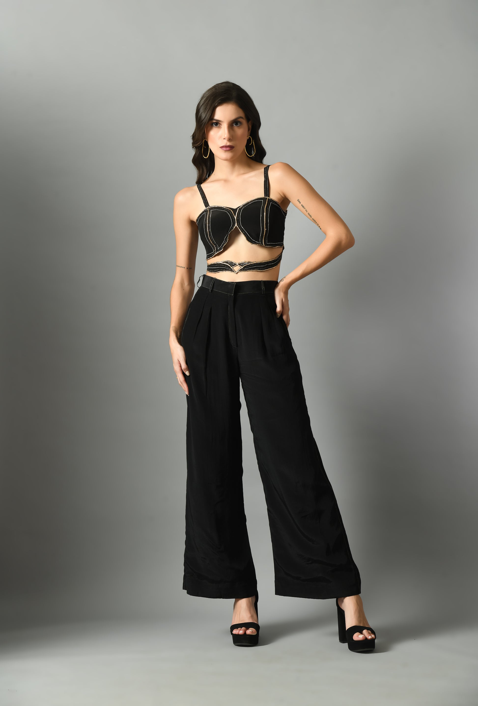 Stunning Black Crepe Silk Nylah Bustier Moonshine Trouser Zari