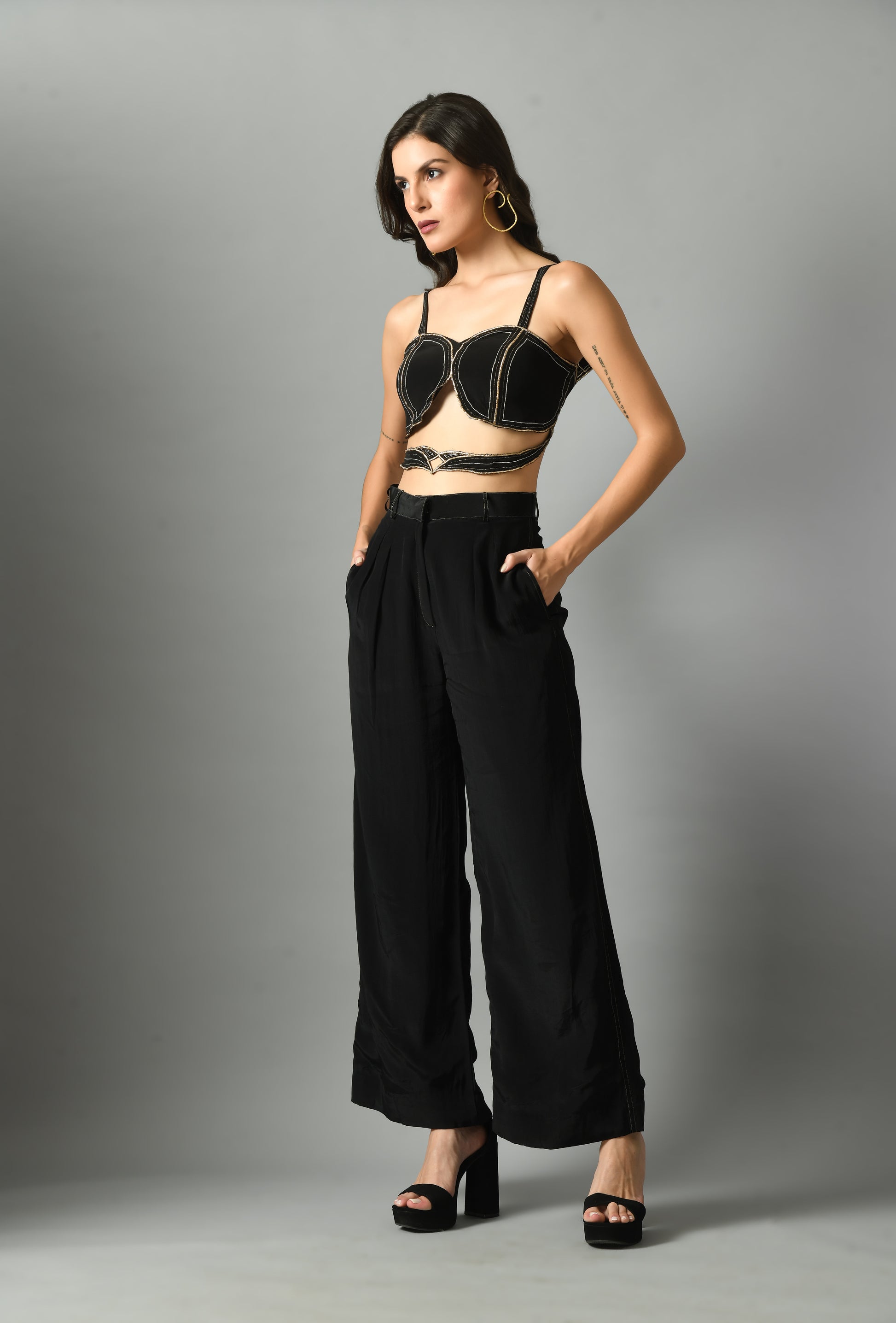 Stunning Black Crepe Silk Nylah Bustier Moonshine Trouser Zari