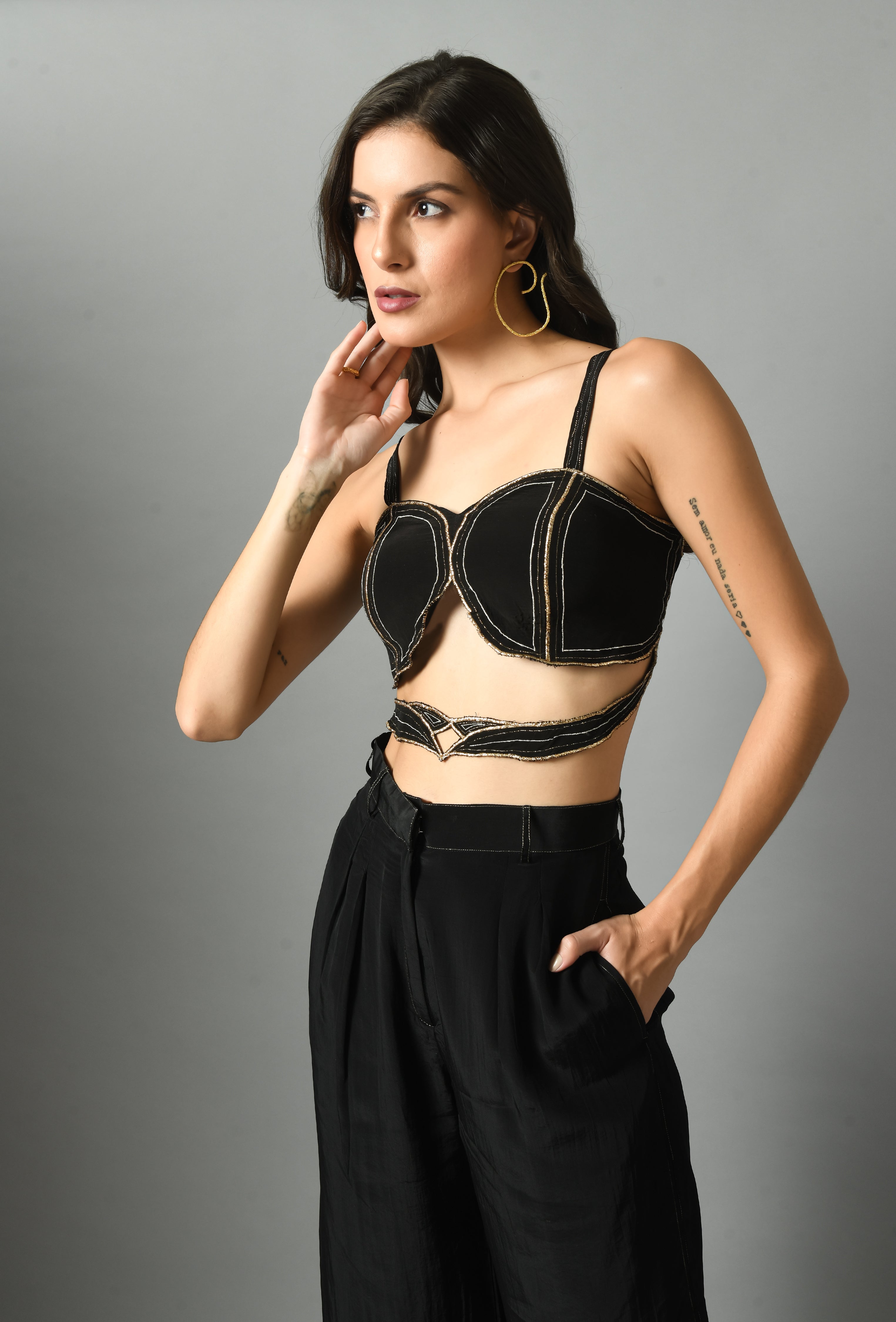 Stunning Black Crepe Silk Nylah Bustier Moonshine Trouser Zari