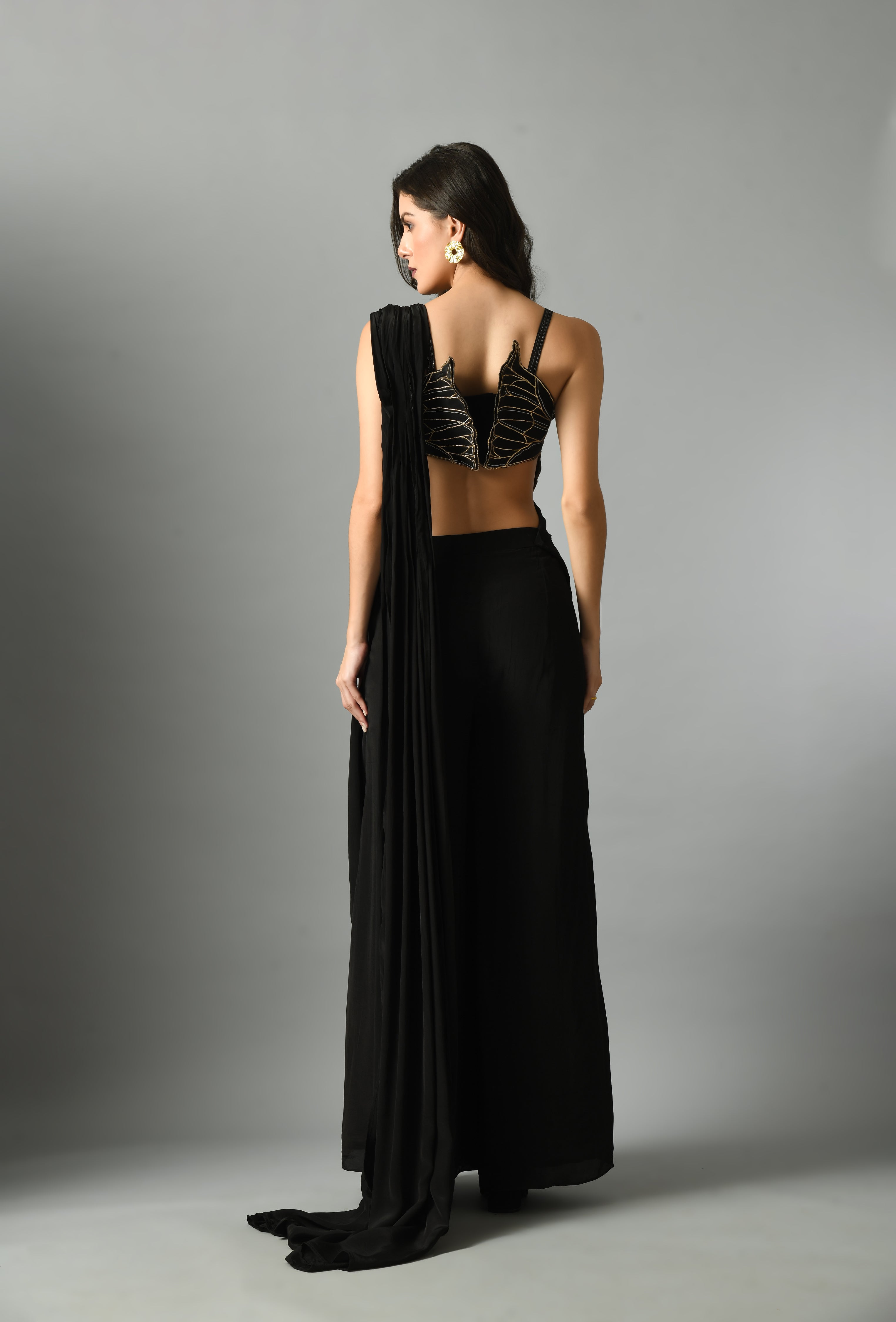 Vibrant Black Crepe Silk Nylah Bustier Moonshine Pre-Draped Saree