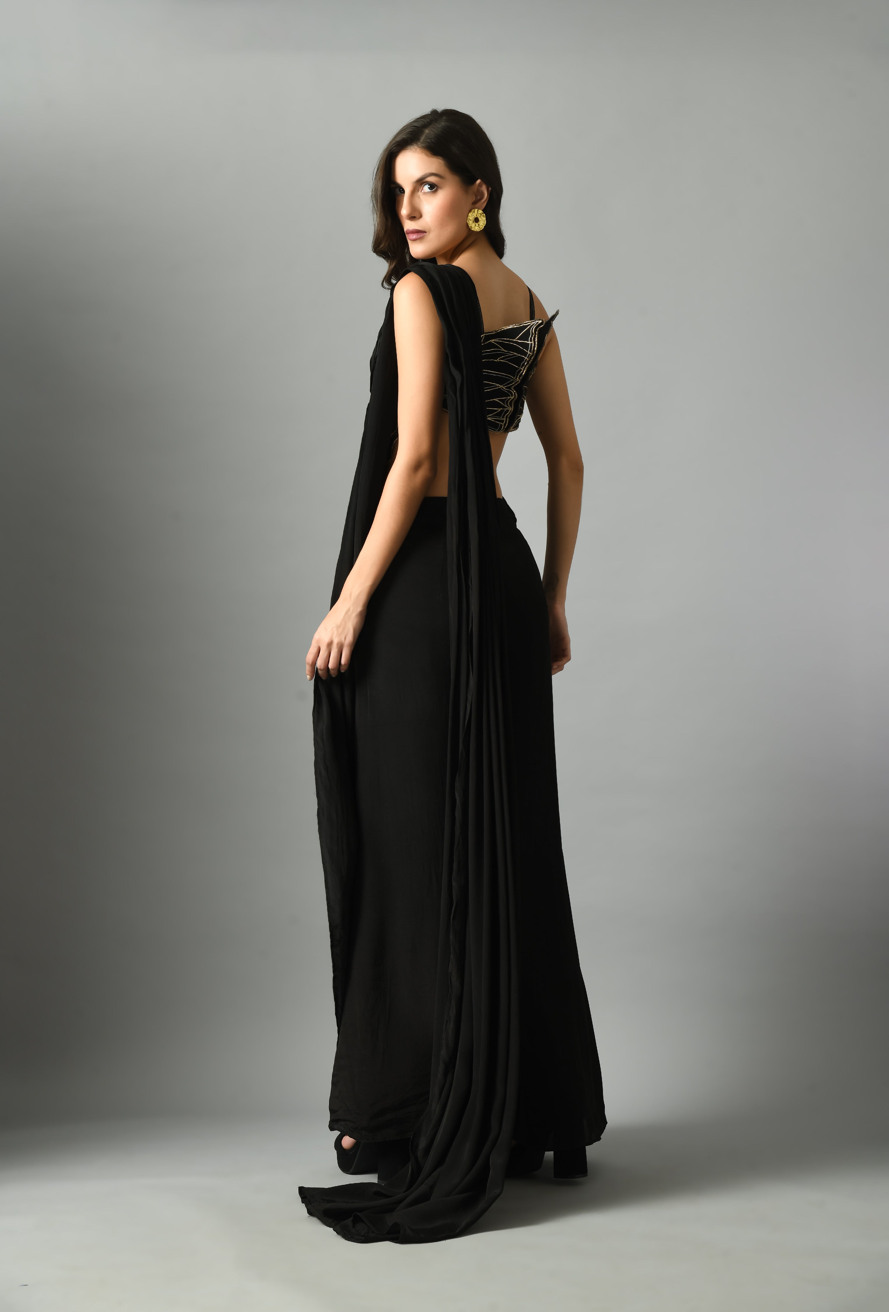Vibrant Black Crepe Silk Nylah Bustier Moonshine Pre-Draped Saree
