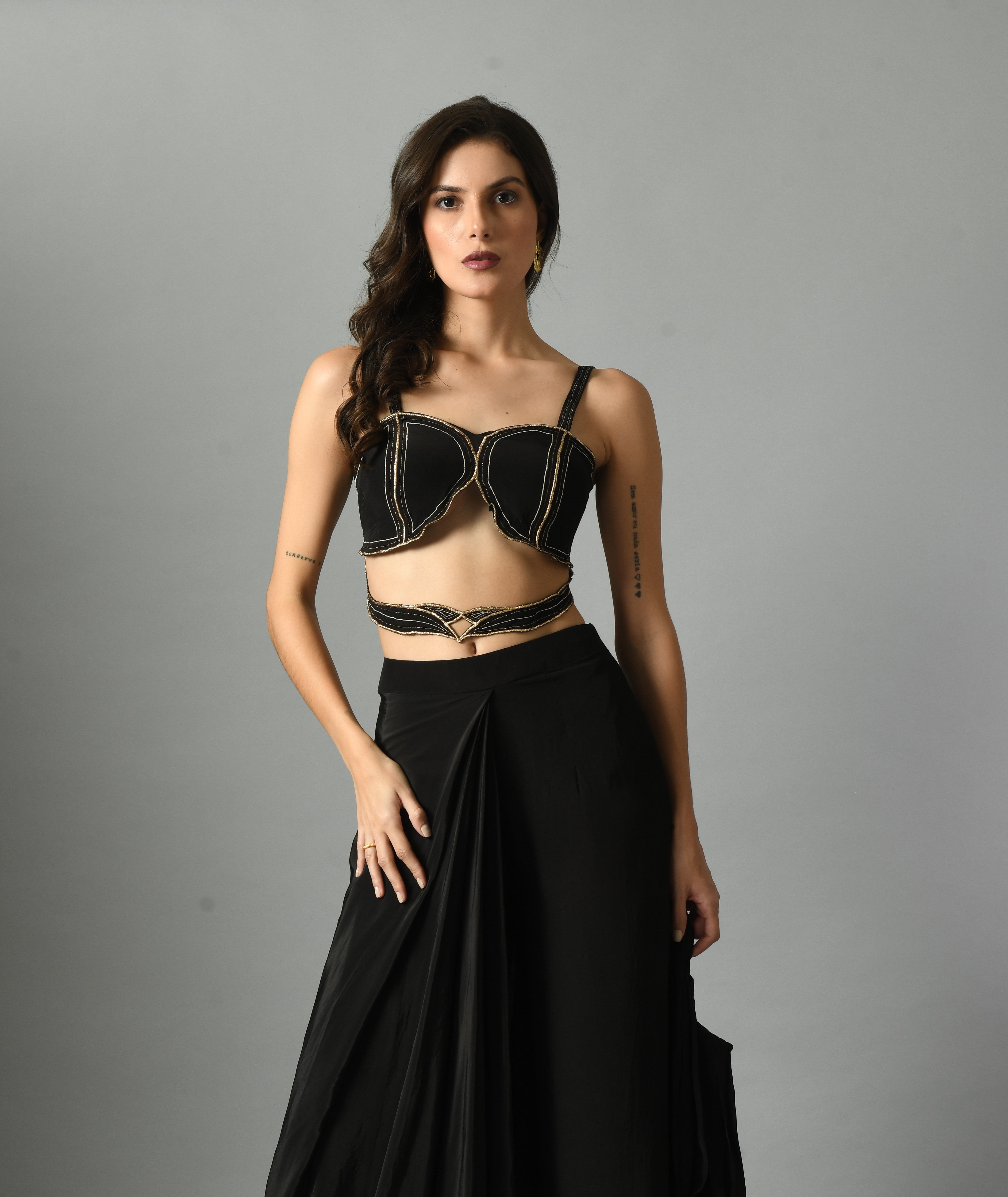 Stunning Black Crepe Silk Nylah 3D Bustier Embroidery