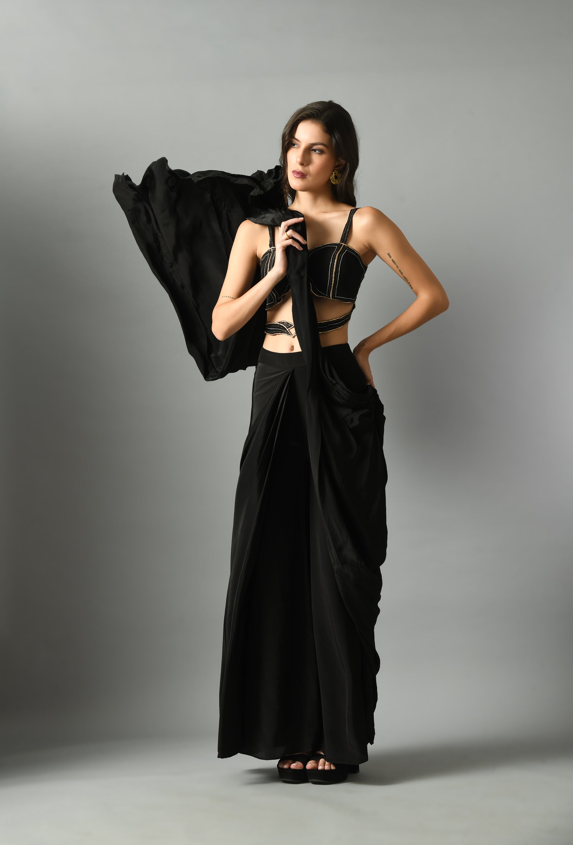 Elegant Black Crepe Silk Moonshine Pre-Draped Saree