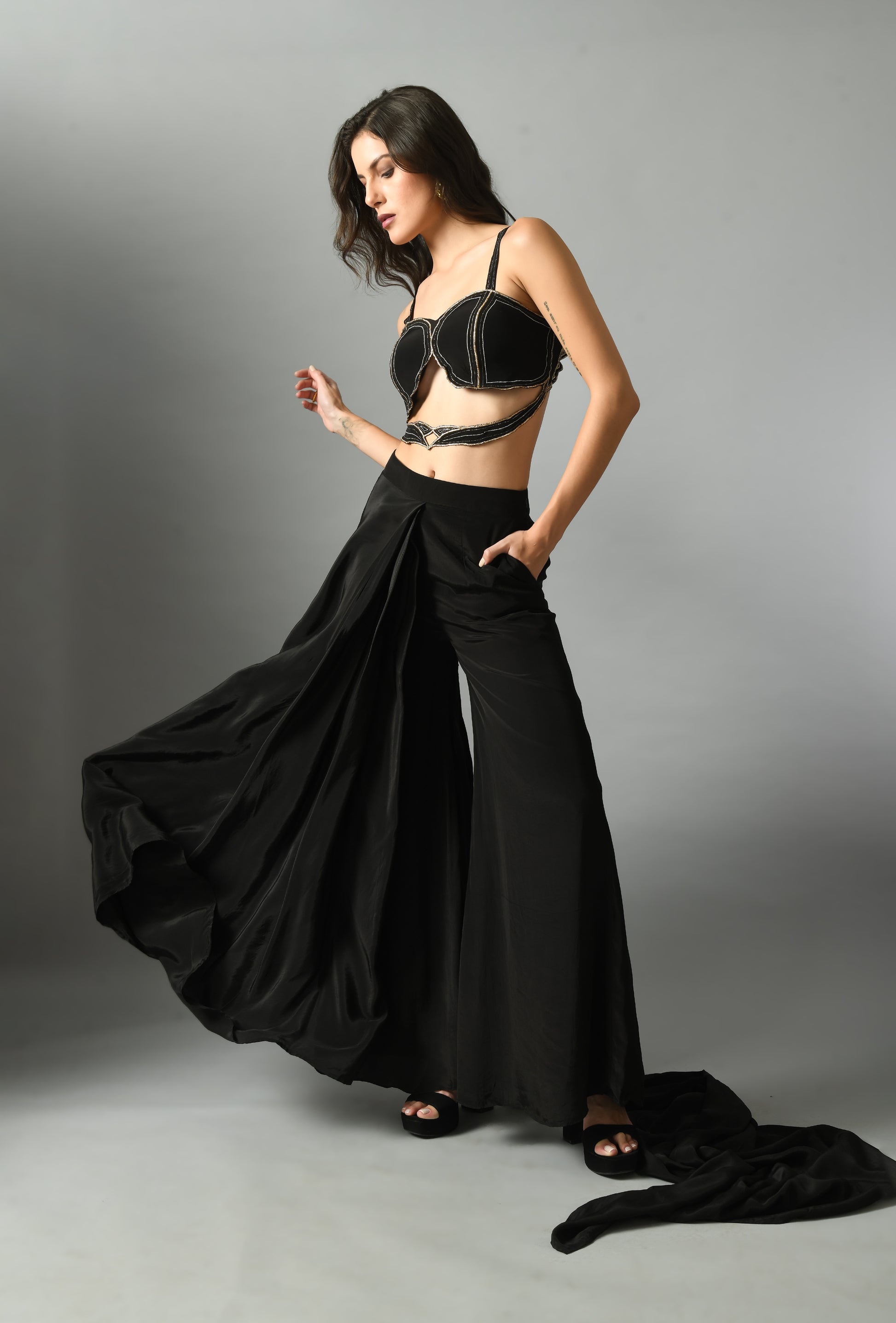 Elegant Black Crepe Silk Moonshine Pre-Draped Saree