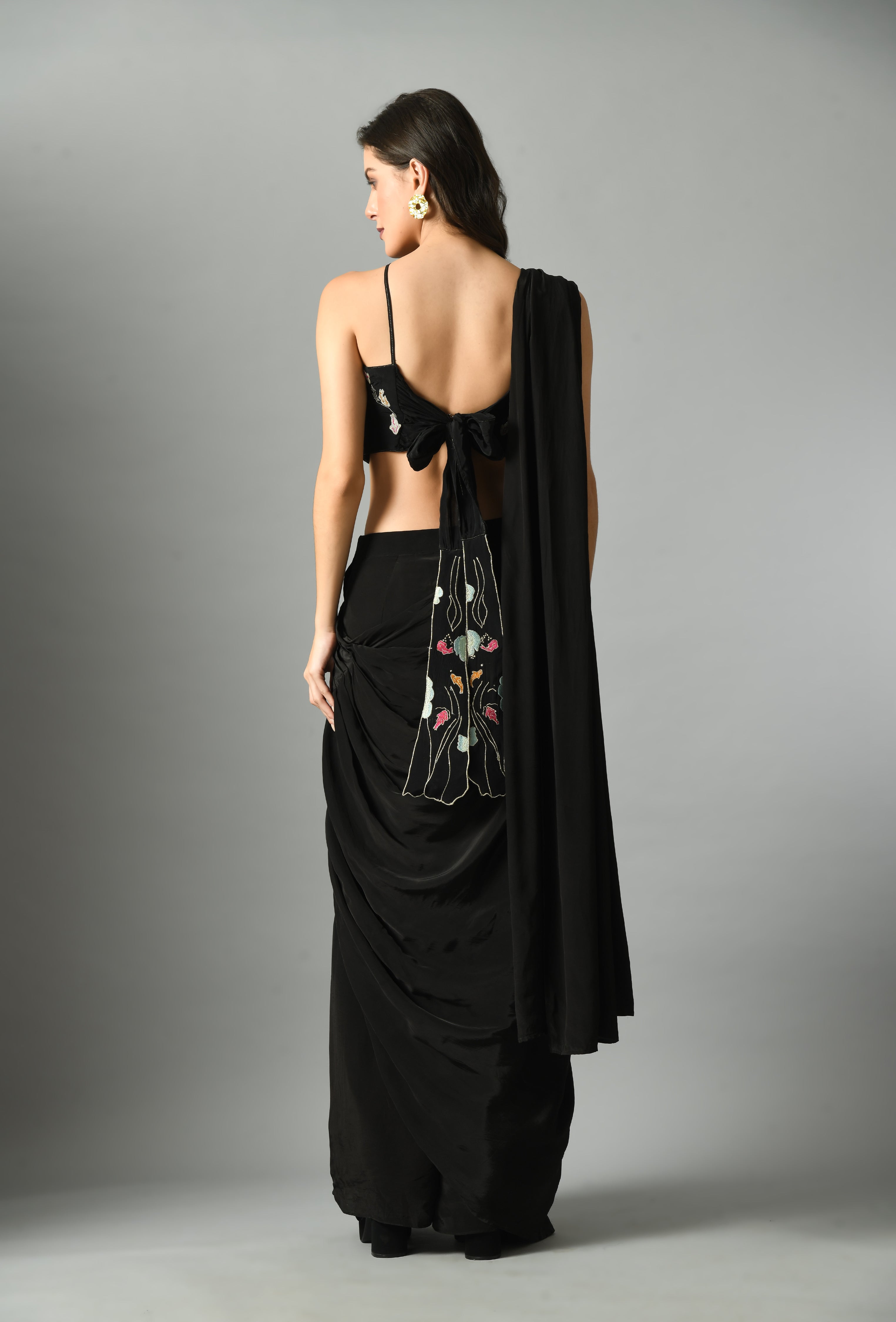 Luxurious Black Crepe Silk Nur Bustier Moonshine Pre-Draped Saree