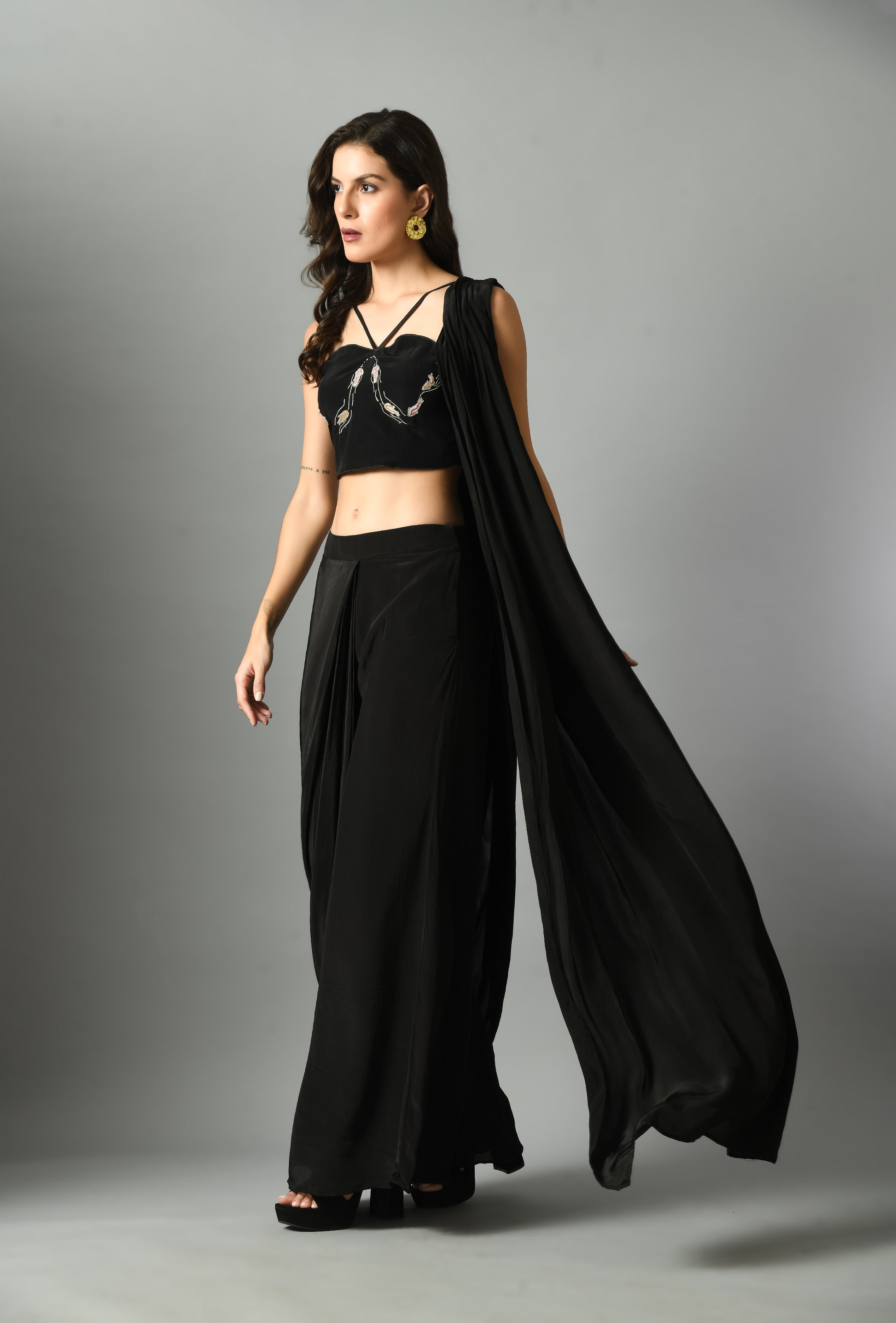 Elegant Black Crepe Silk Moonshine Pre-Draped Saree