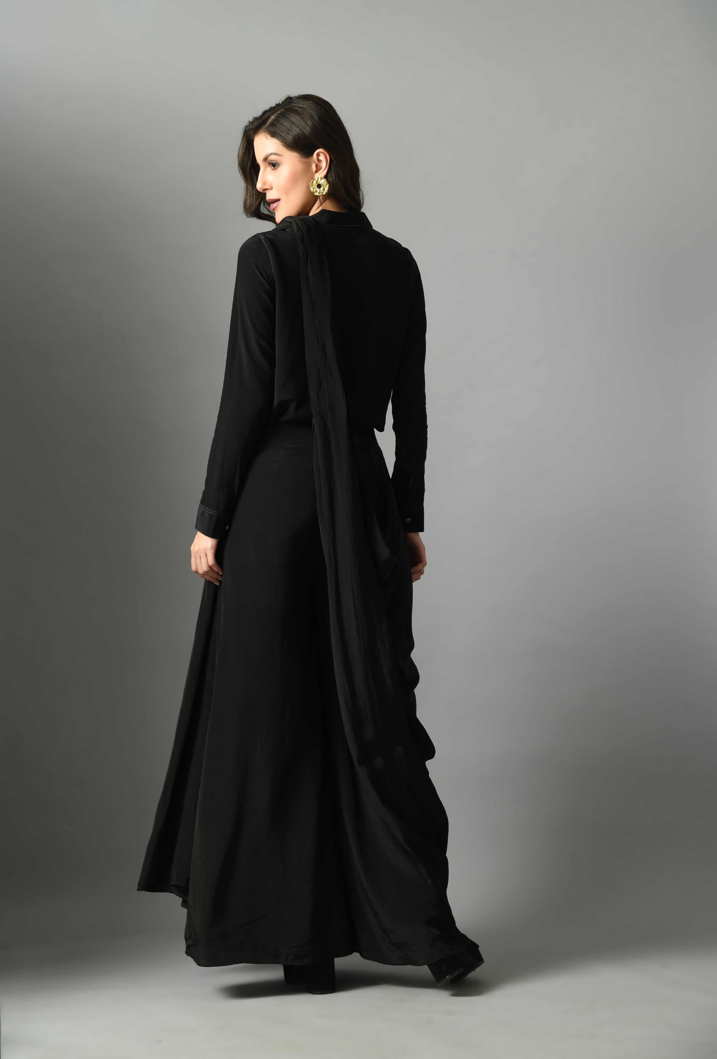 Elegant Black Crepe Silk Moonshine Shirt Pre-Draped Saree Set