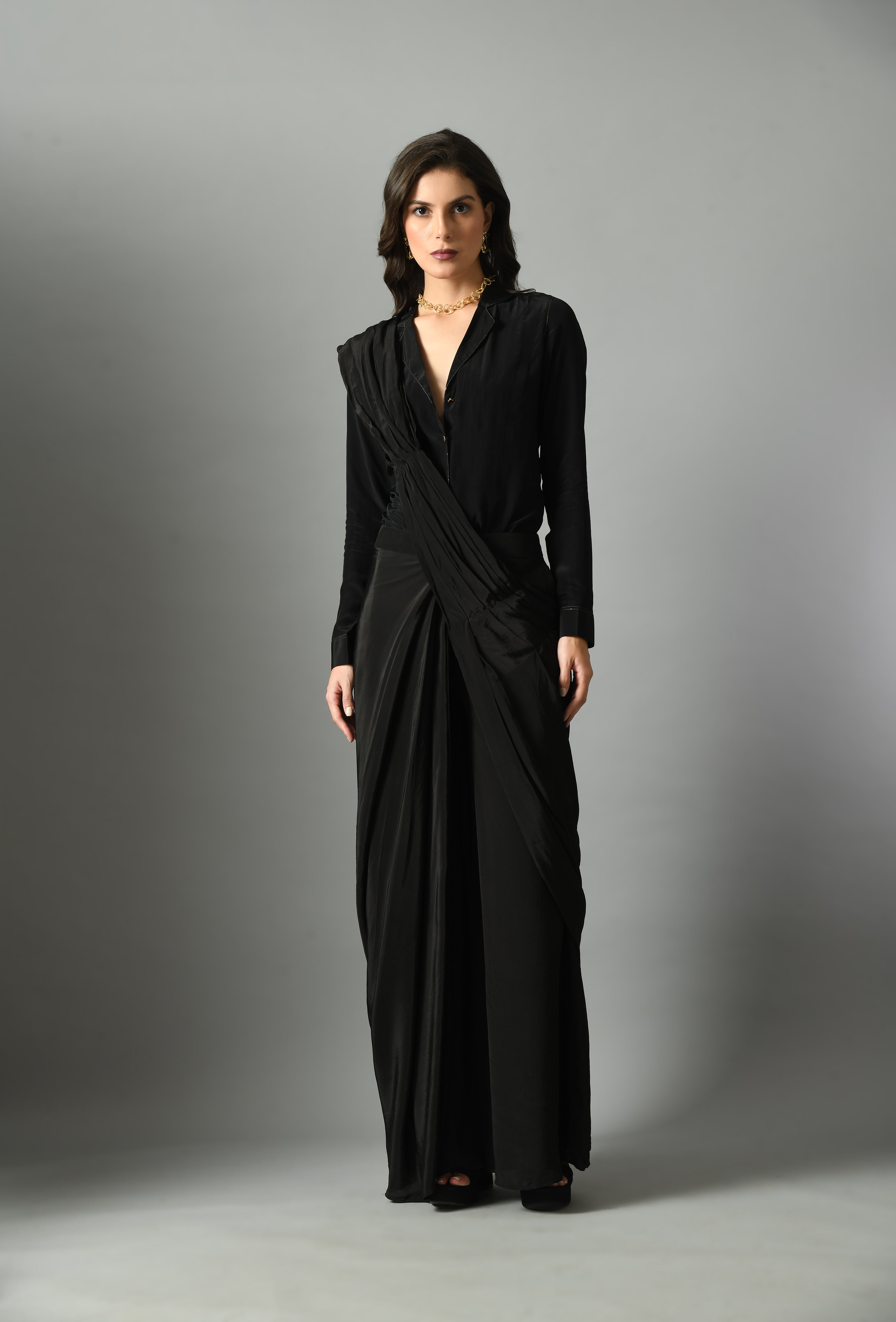 Elegant Black Crepe Silk Moonshine Shirt Pre-Draped Saree Set