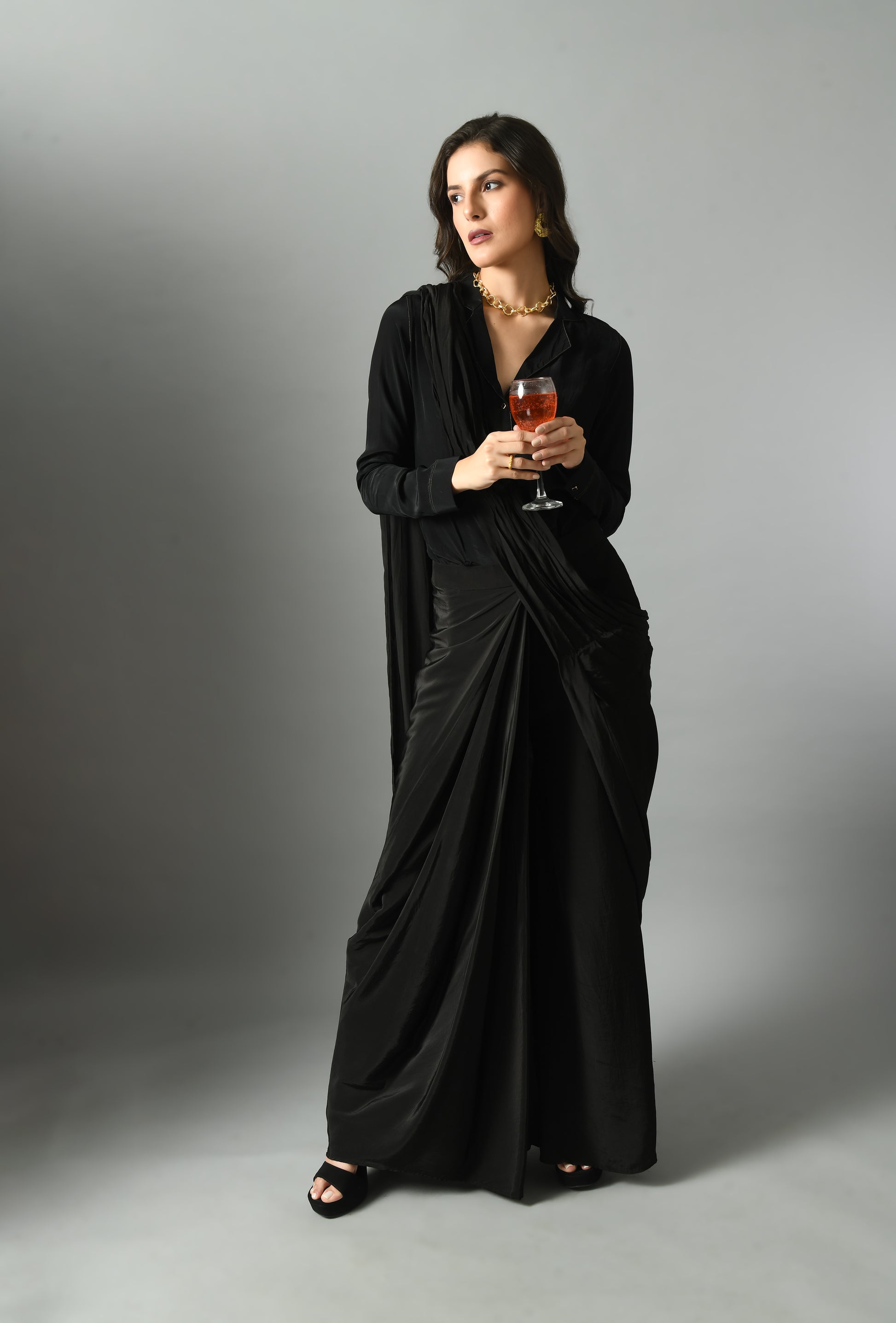 Elegant Black Crepe Silk Moonshine Pre-Draped Saree