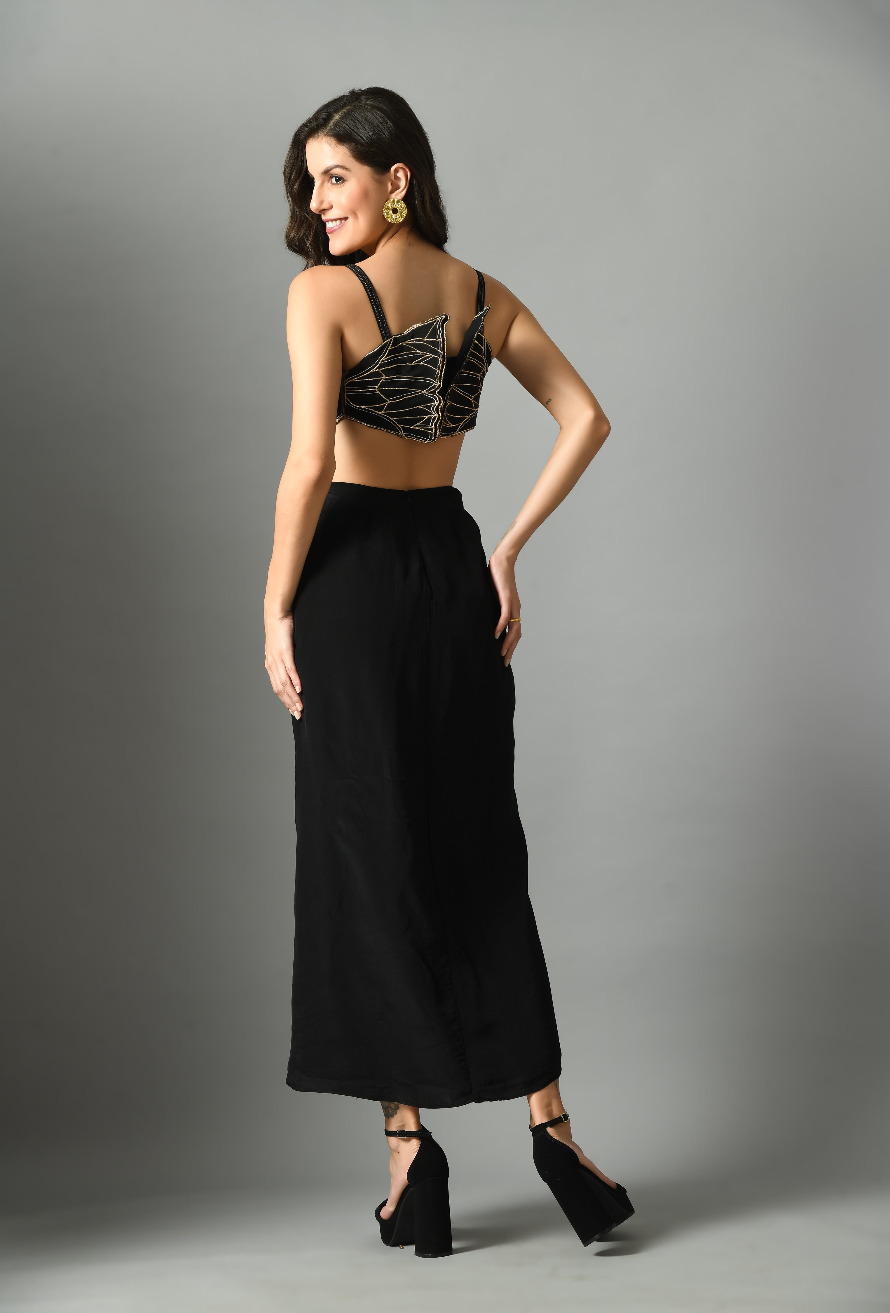 Vibrant Black Crepe Silk Nylah Bustier Moonshine Draped Skirt Zari