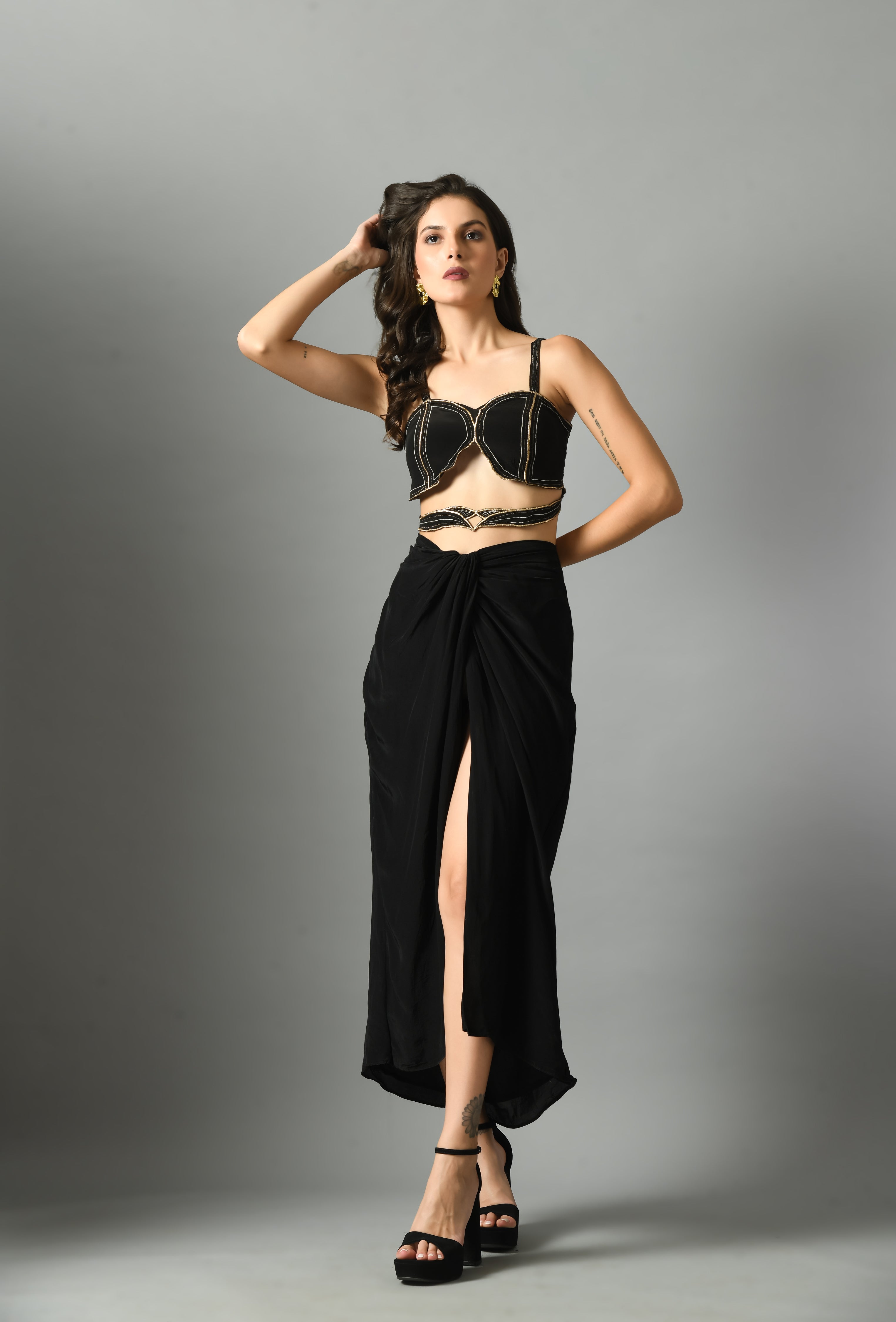 Vibrant Black Crepe Silk Nylah Bustier Moonshine Draped Skirt Zari