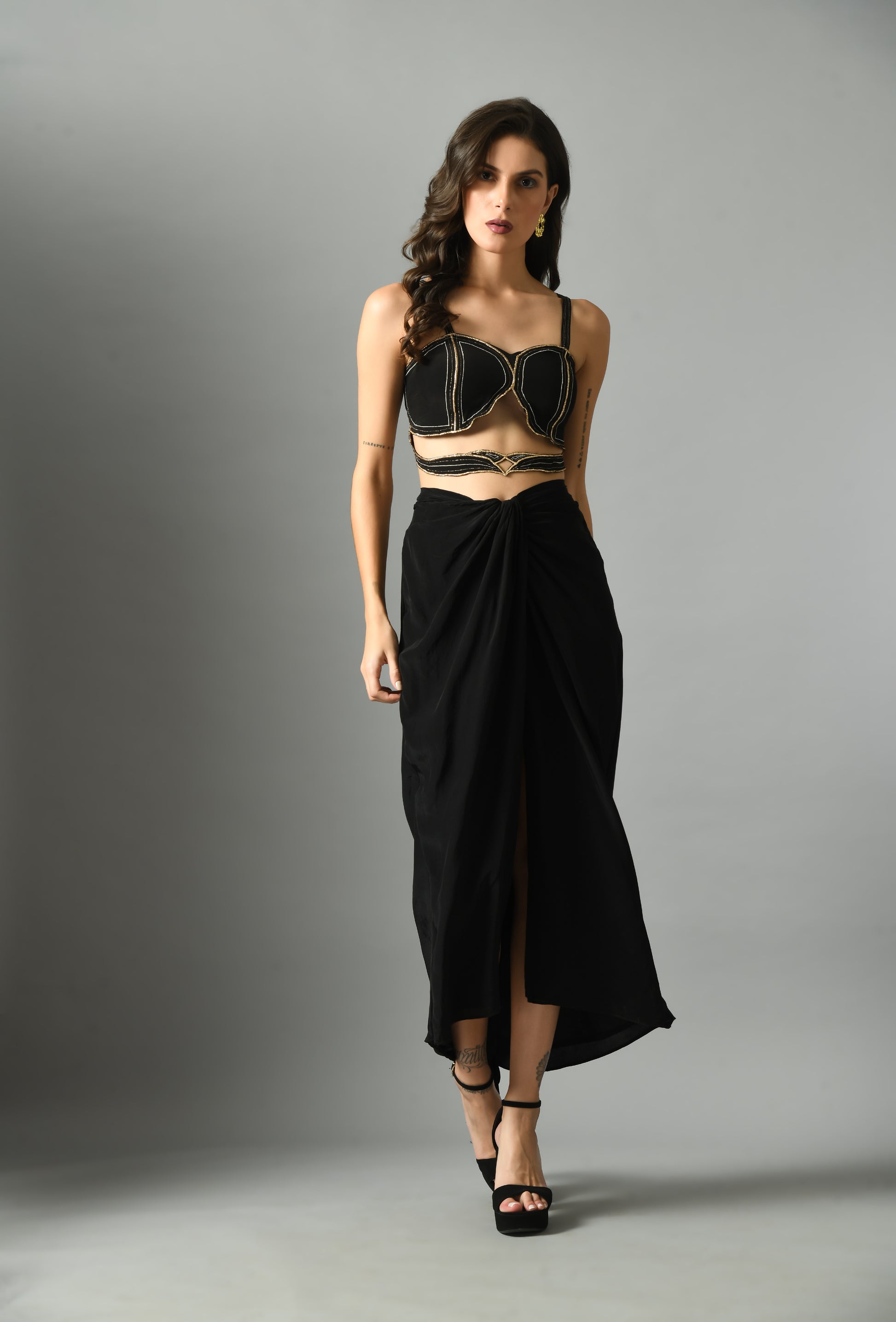 Vibrant Black Crepe Silk Nylah Bustier Moonshine Draped Skirt Zari