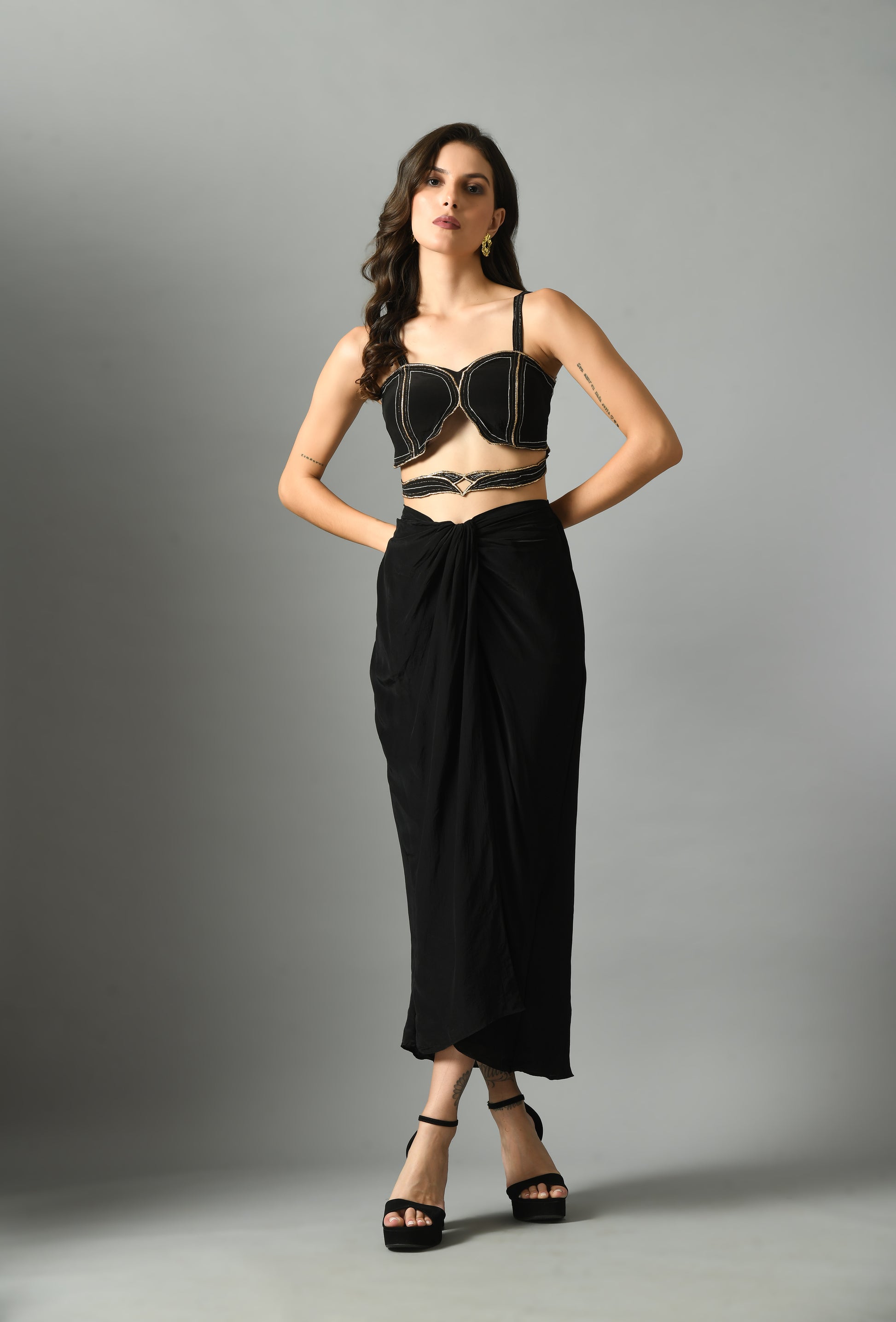 Vibrant Black Crepe Silk Nylah Bustier Moonshine Draped Skirt Zari
