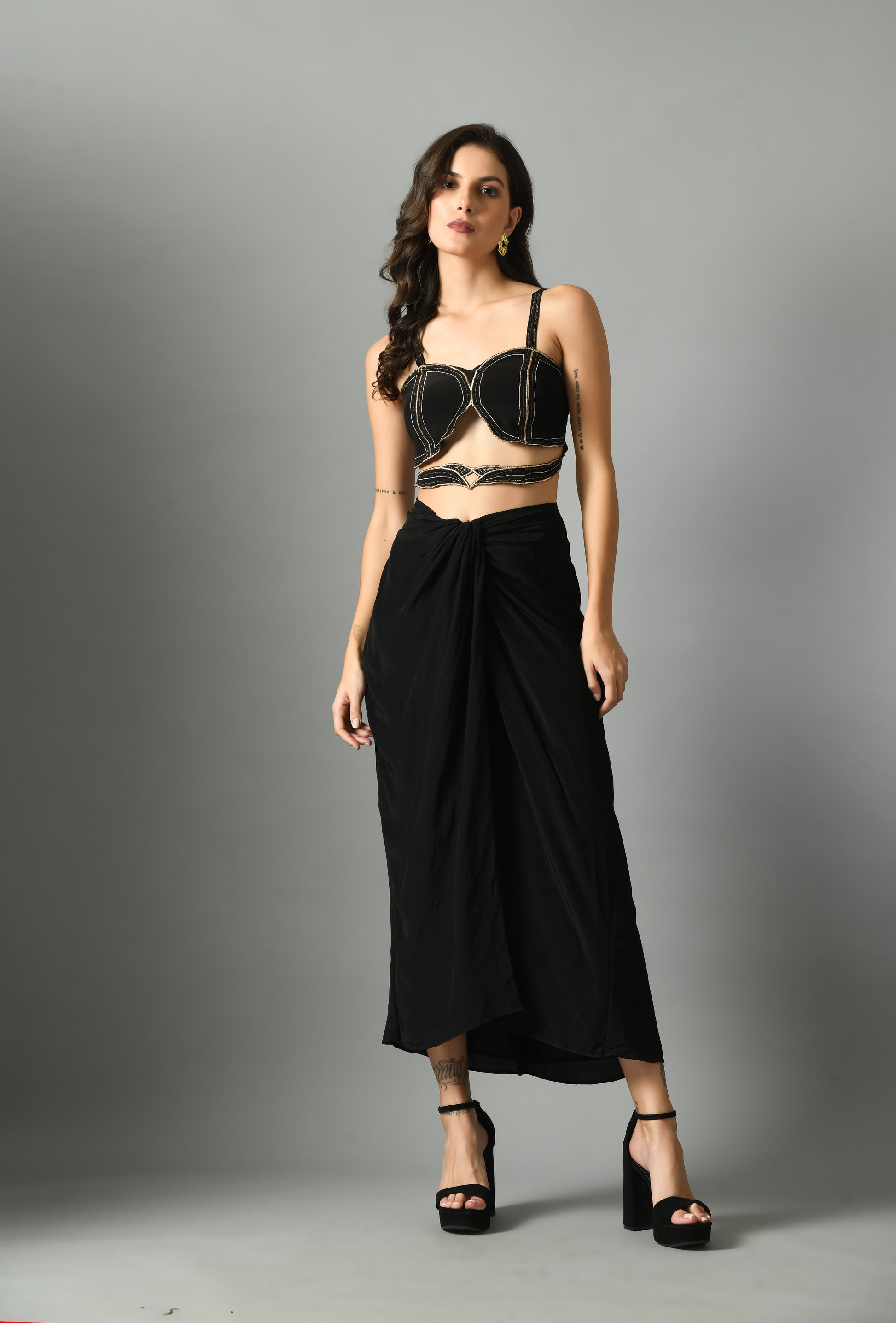 Vibrant Black Crepe Silk Nylah Bustier Moonshine Draped Skirt Zari