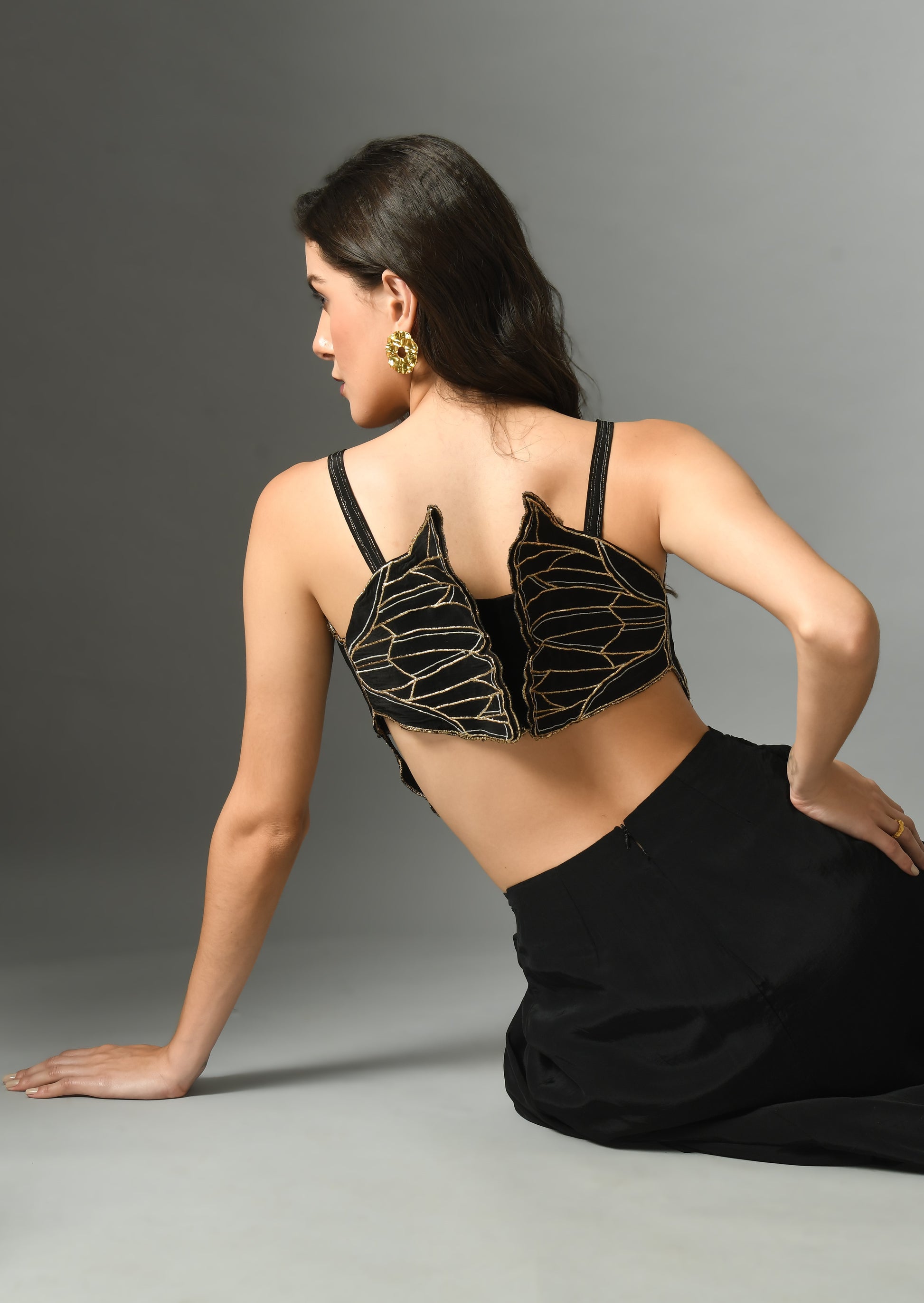 Stunning Black Crepe Silk Nylah 3D Bustier Embroidery