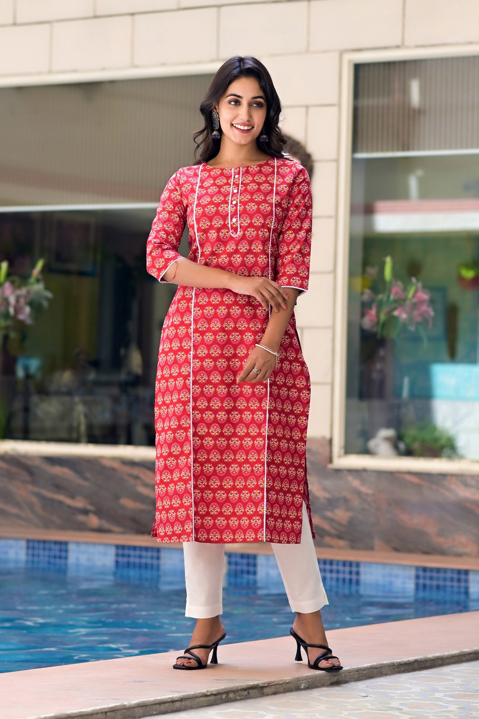 Red Cotton Printed Straight Kurta White Pant Set