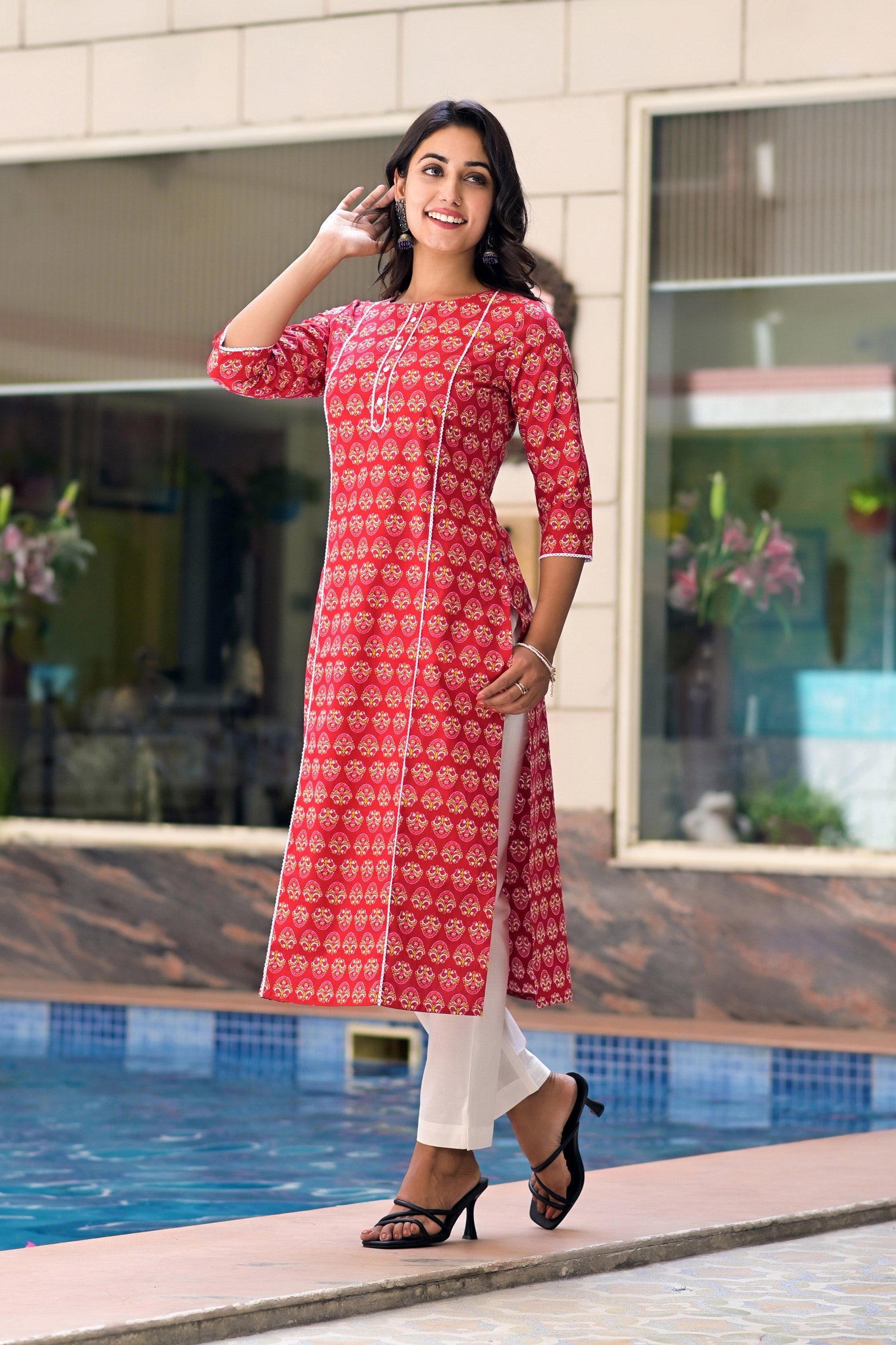 Red Cotton Printed Straight Kurta White Pant Set