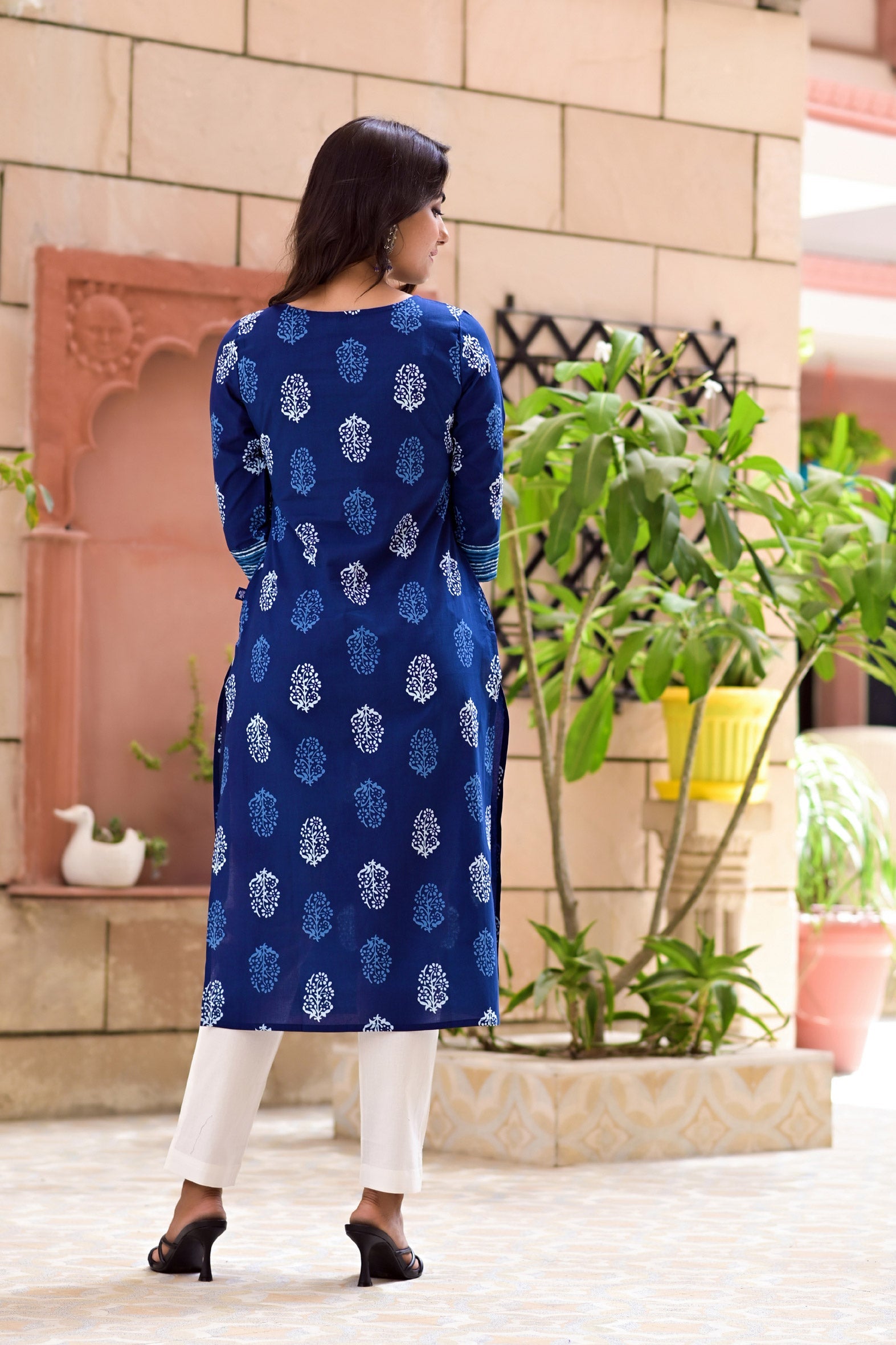Blue Cotton Block Print Embroidered Kurta Pant Set