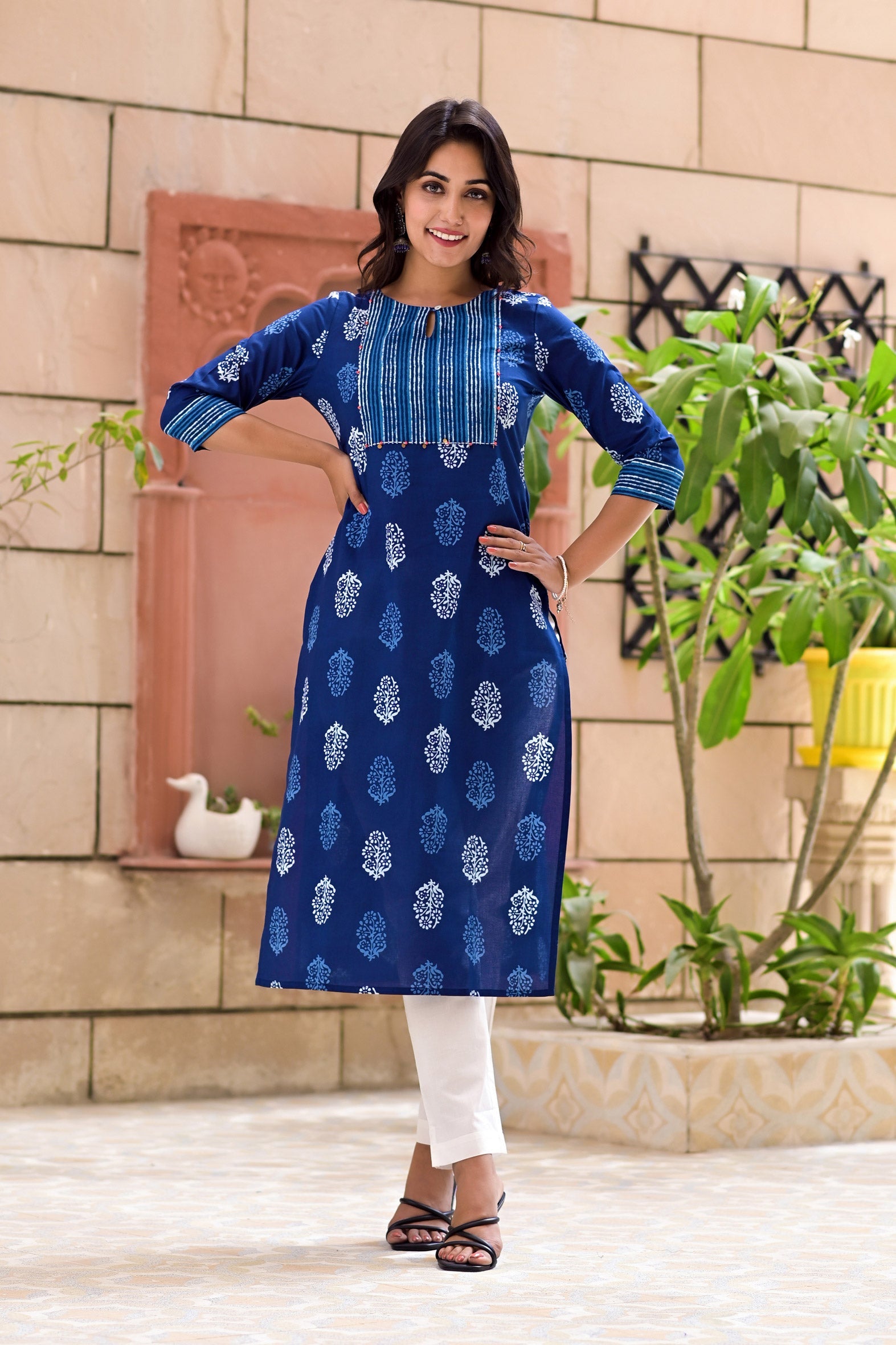 Blue Cotton Block Print Embroidered Kurta Pant Set