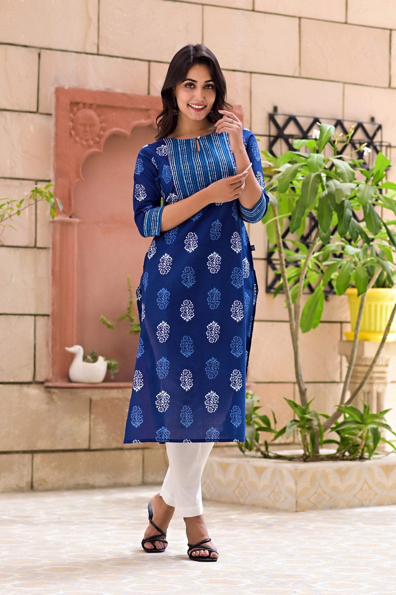 Blue Cotton Block Print Embroidered Kurta Pant Set