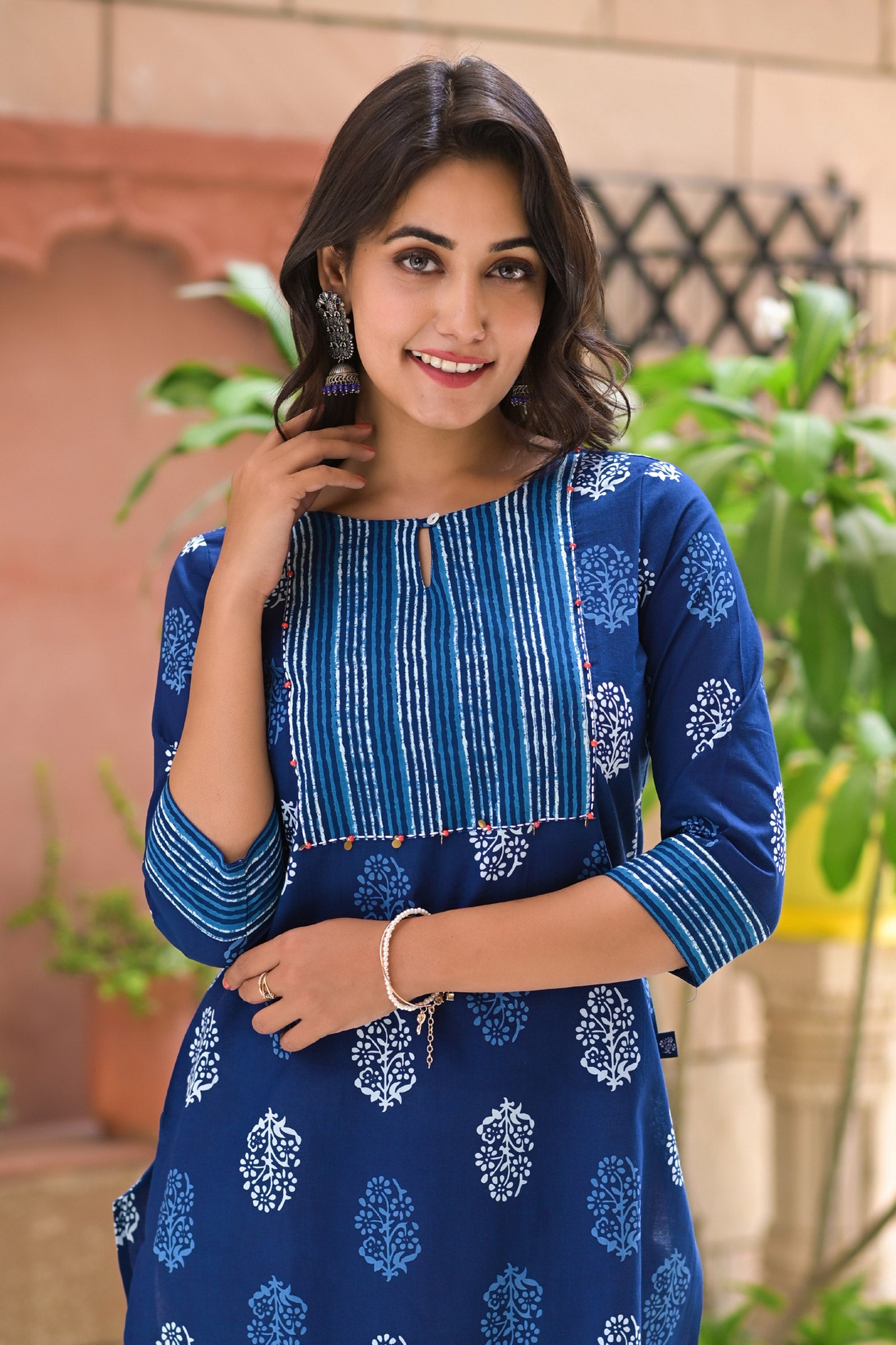 Blue Cotton Block Print Embroidered Kurta Pant Set
