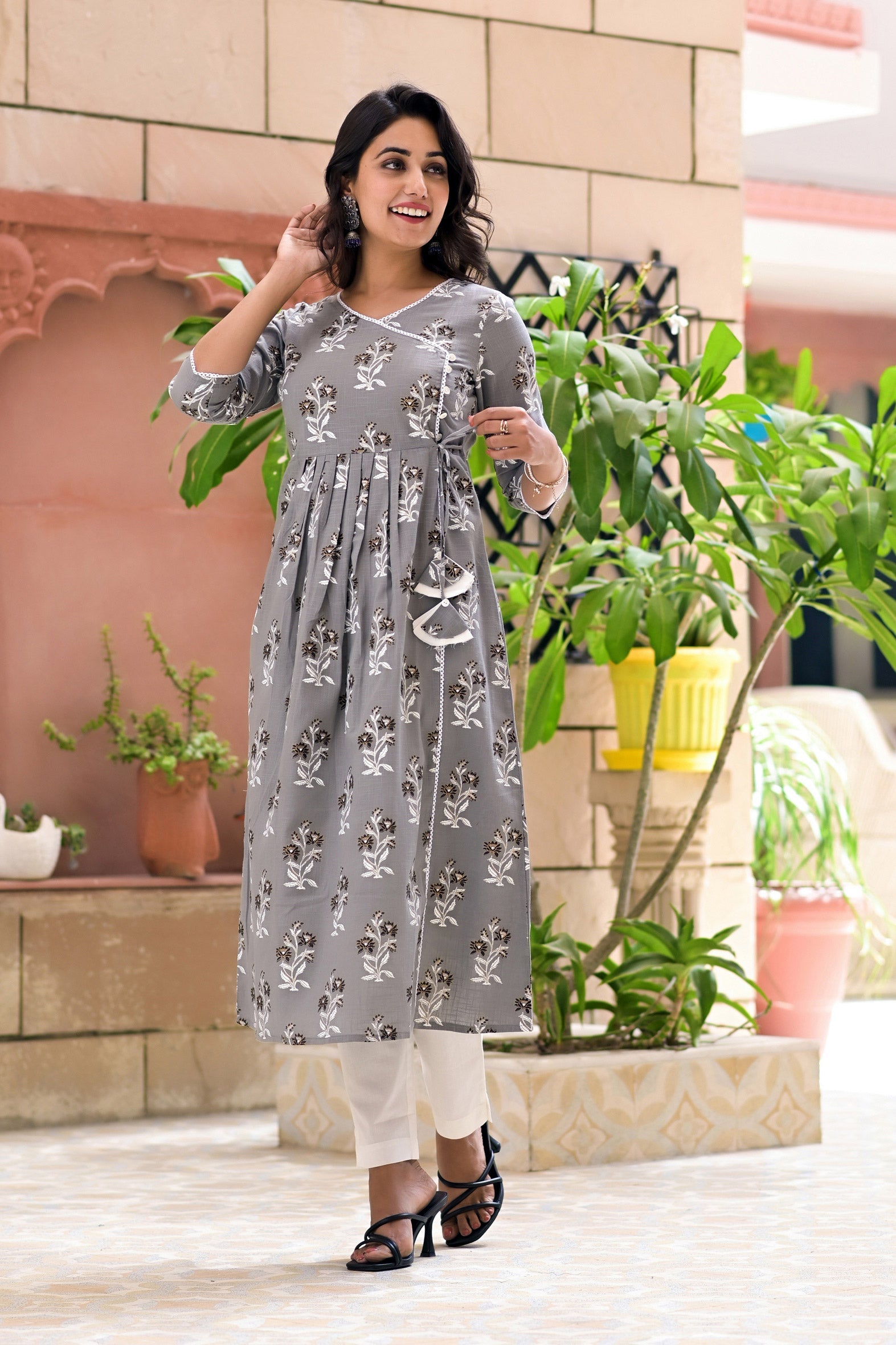 Grey Cotton Boota Print Angrakha Kurta White Pants Set