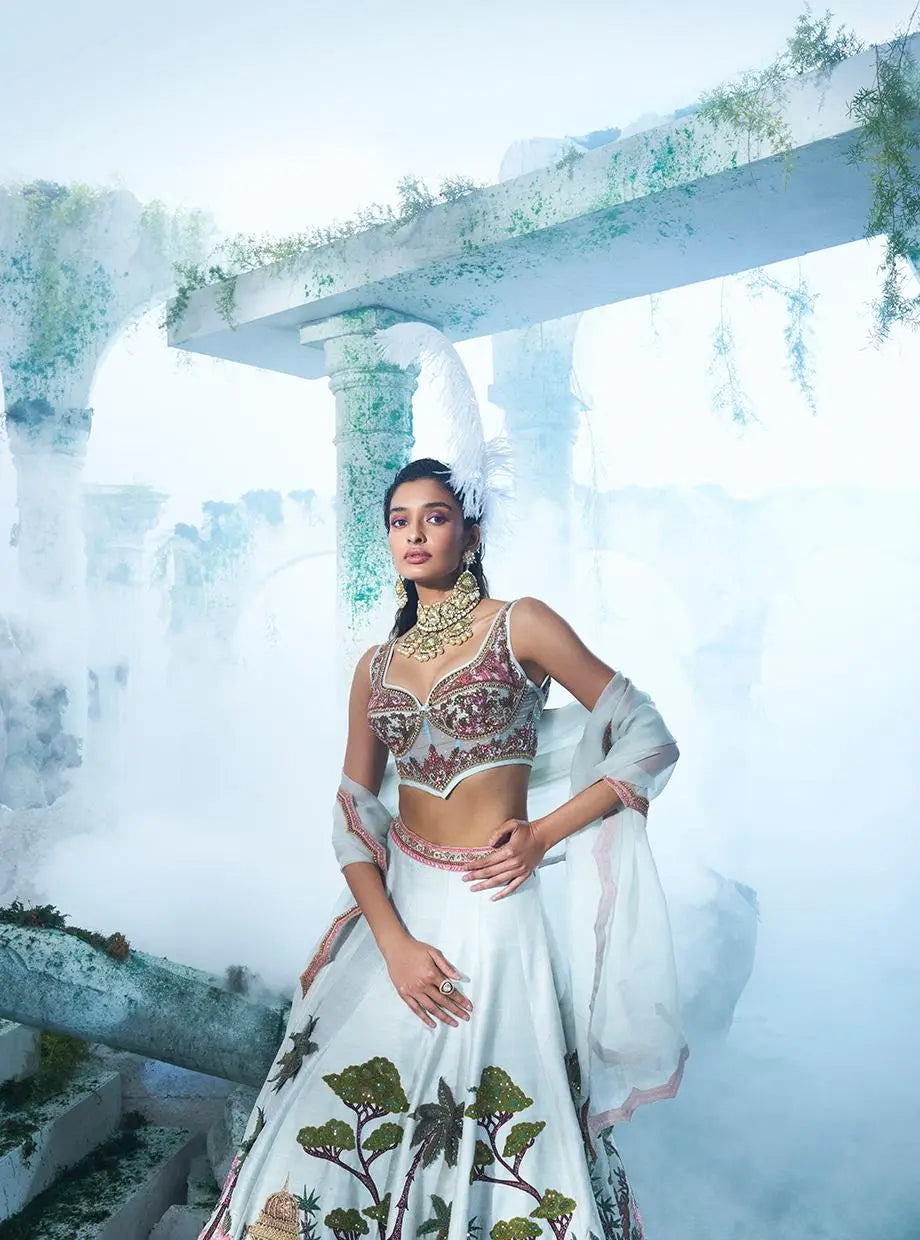 Artistic Sea Green Raw Silk Jungle Kali Lehenga Set