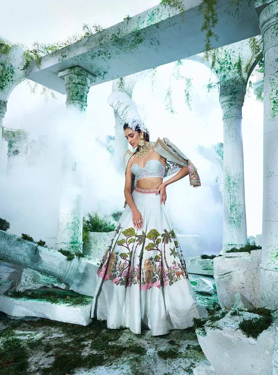 Artistic Sea Green Raw Silk Jungle Kali Lehenga Set
