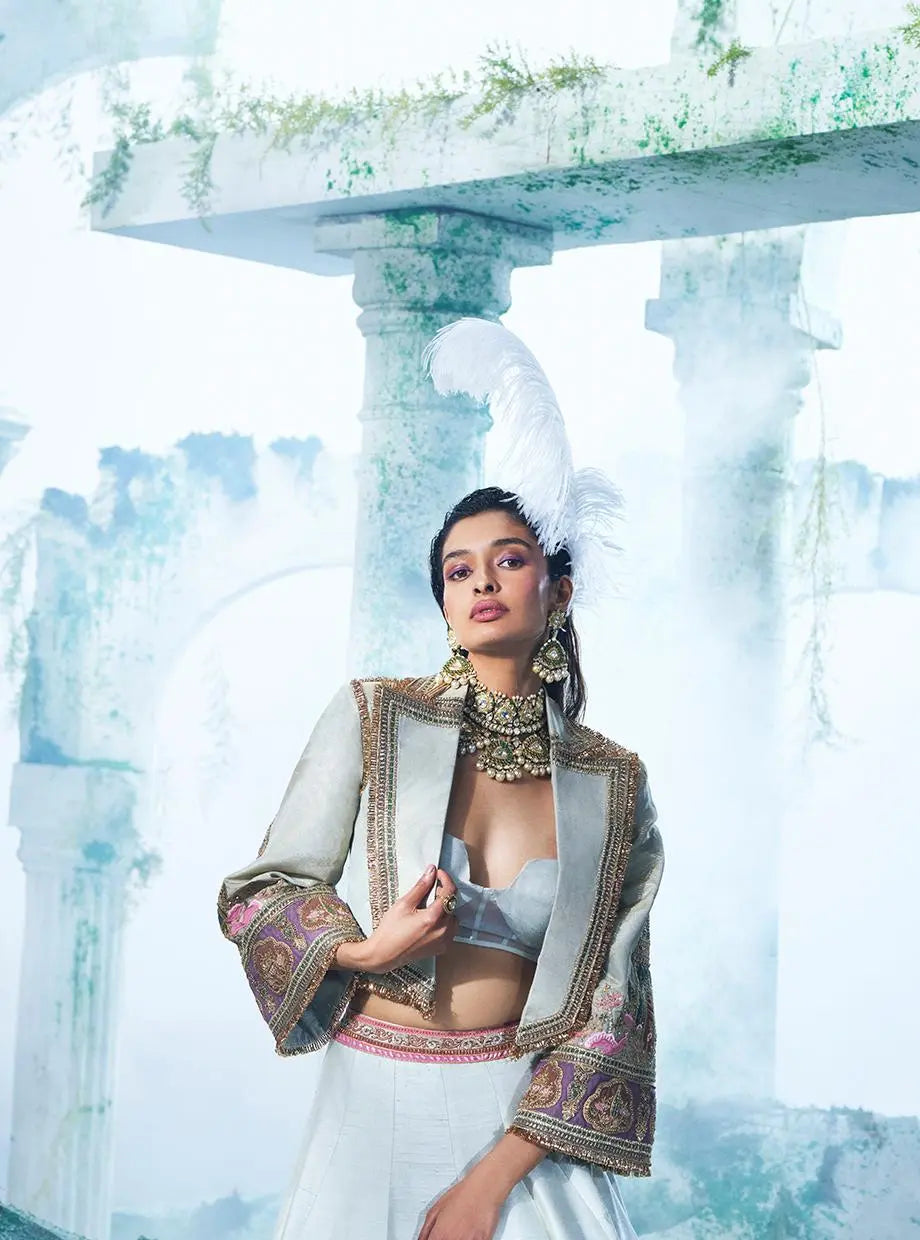 Artistic Sea Green Raw Silk Jungle Kali Lehenga Set