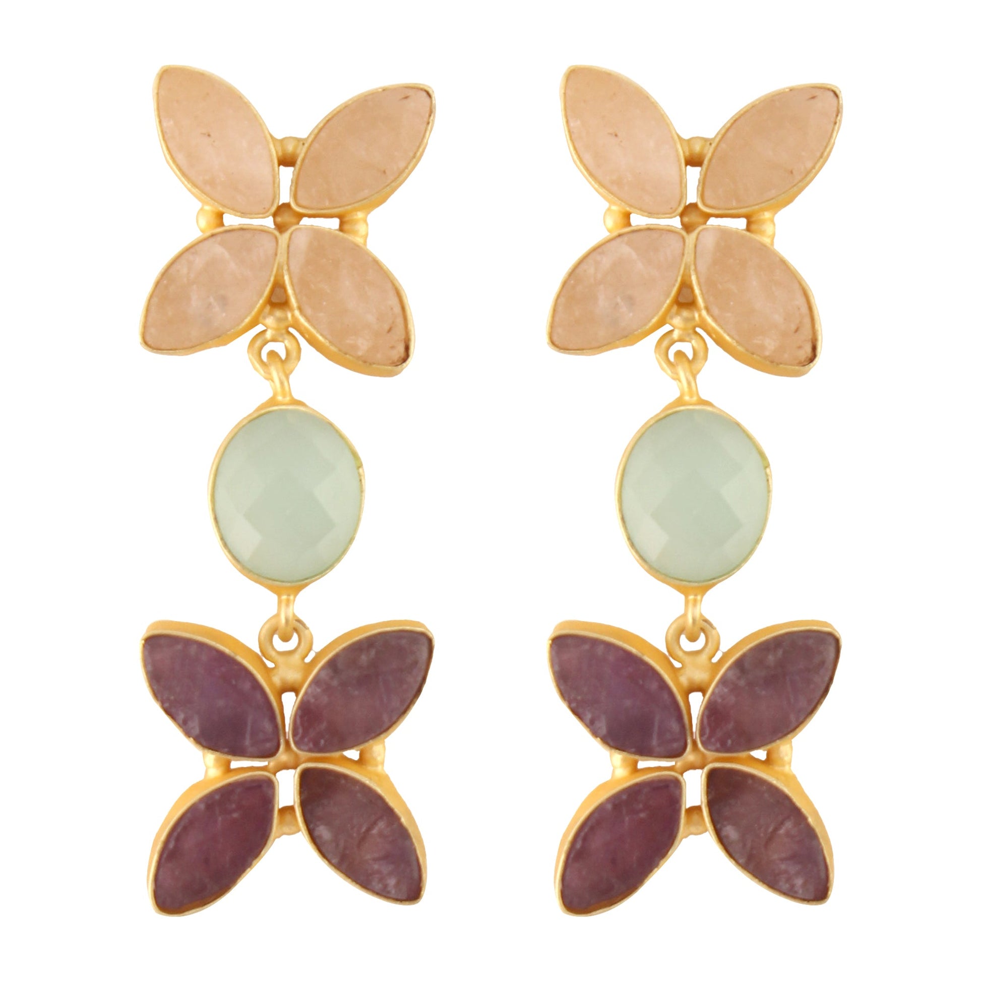 Semiprecious Rose quartz, Aqua Chalcedony & Amethyst Earrings