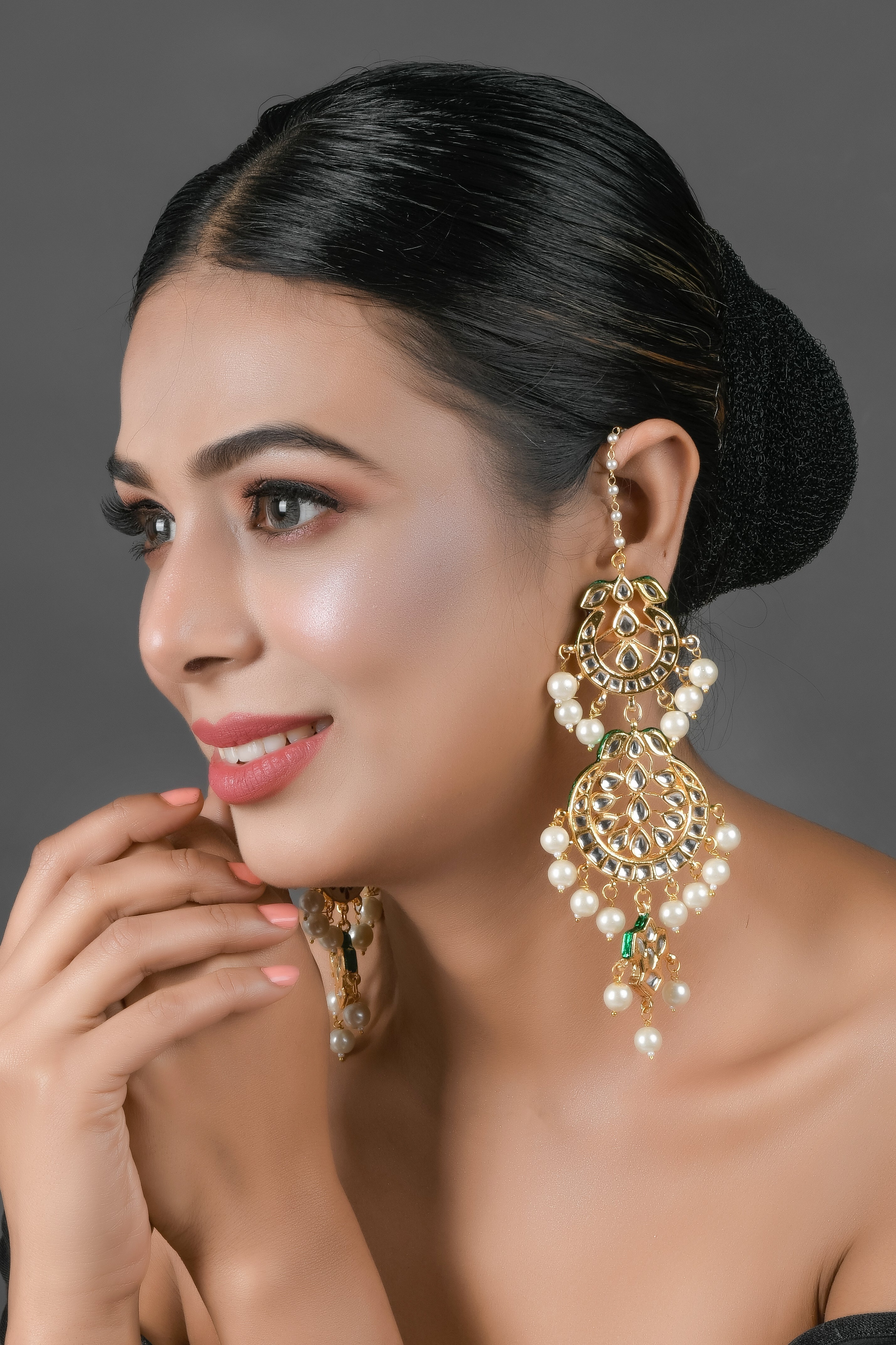Green and White Pearl beaded Handcrafted Kundan earrings
