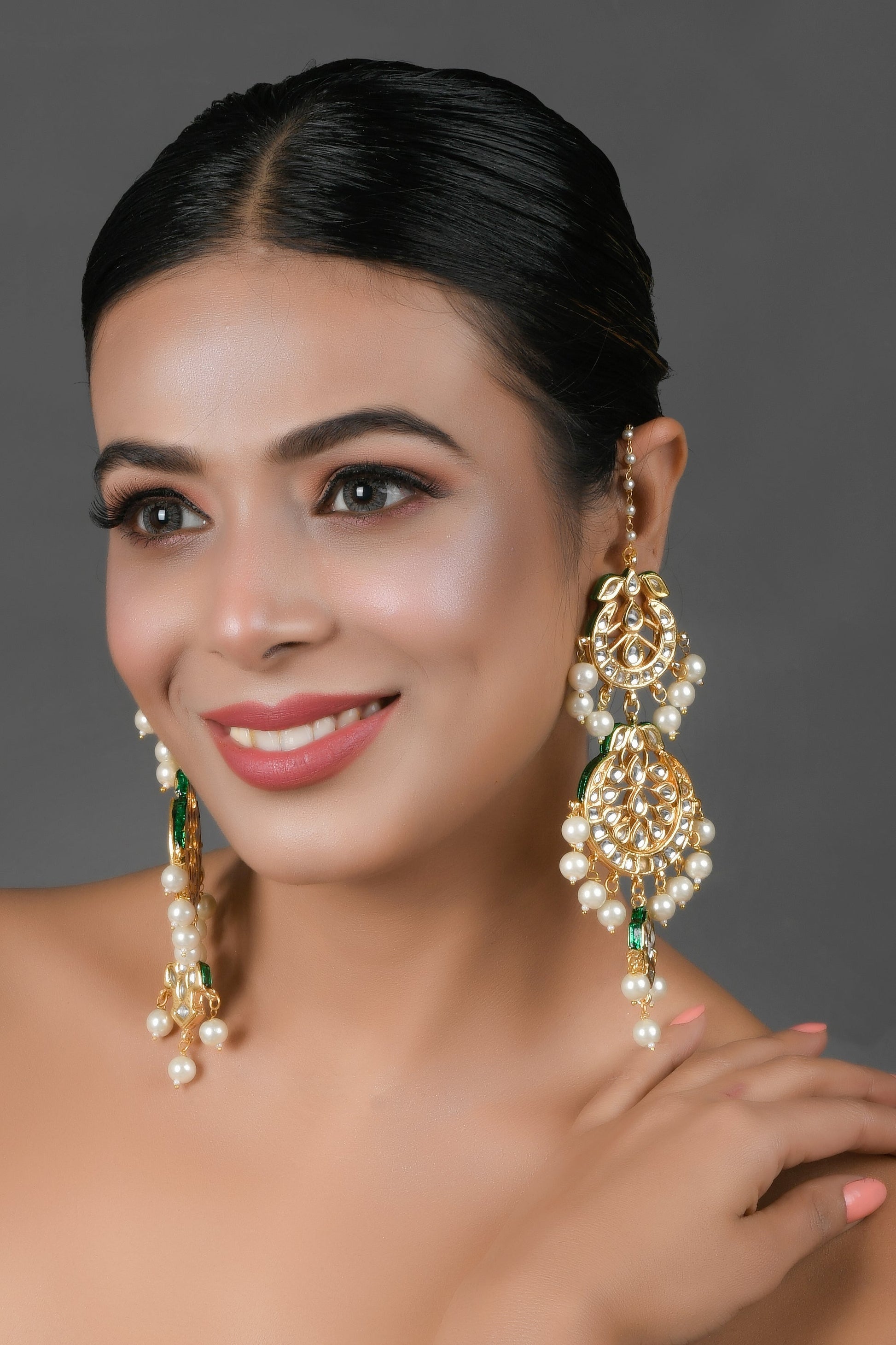 Green and White Pearl beaded Handcrafted Kundan earrings