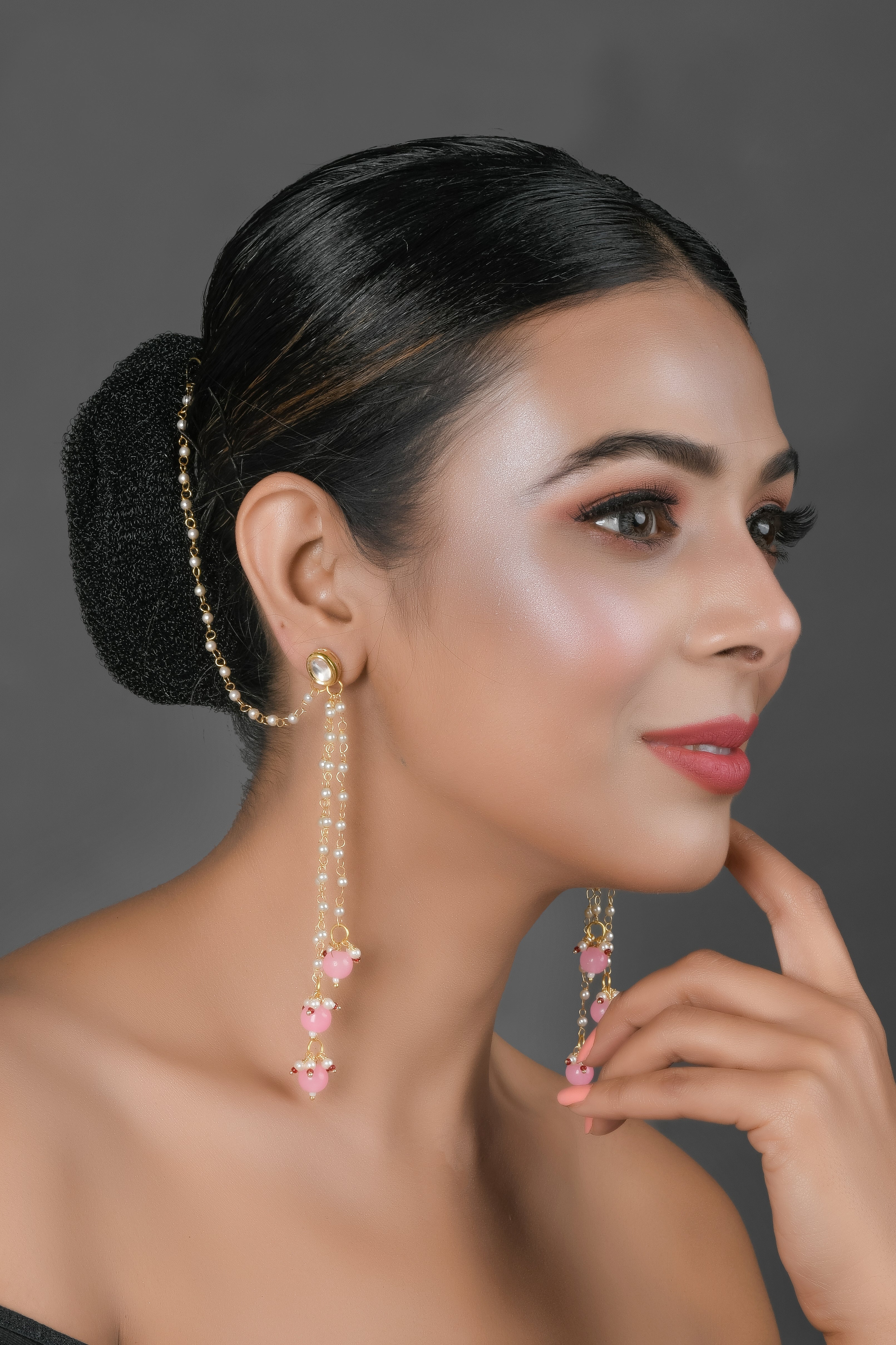 Gold and Pink Tone Kundan Inspired Pearl Tassel Earrings with Hair Chain