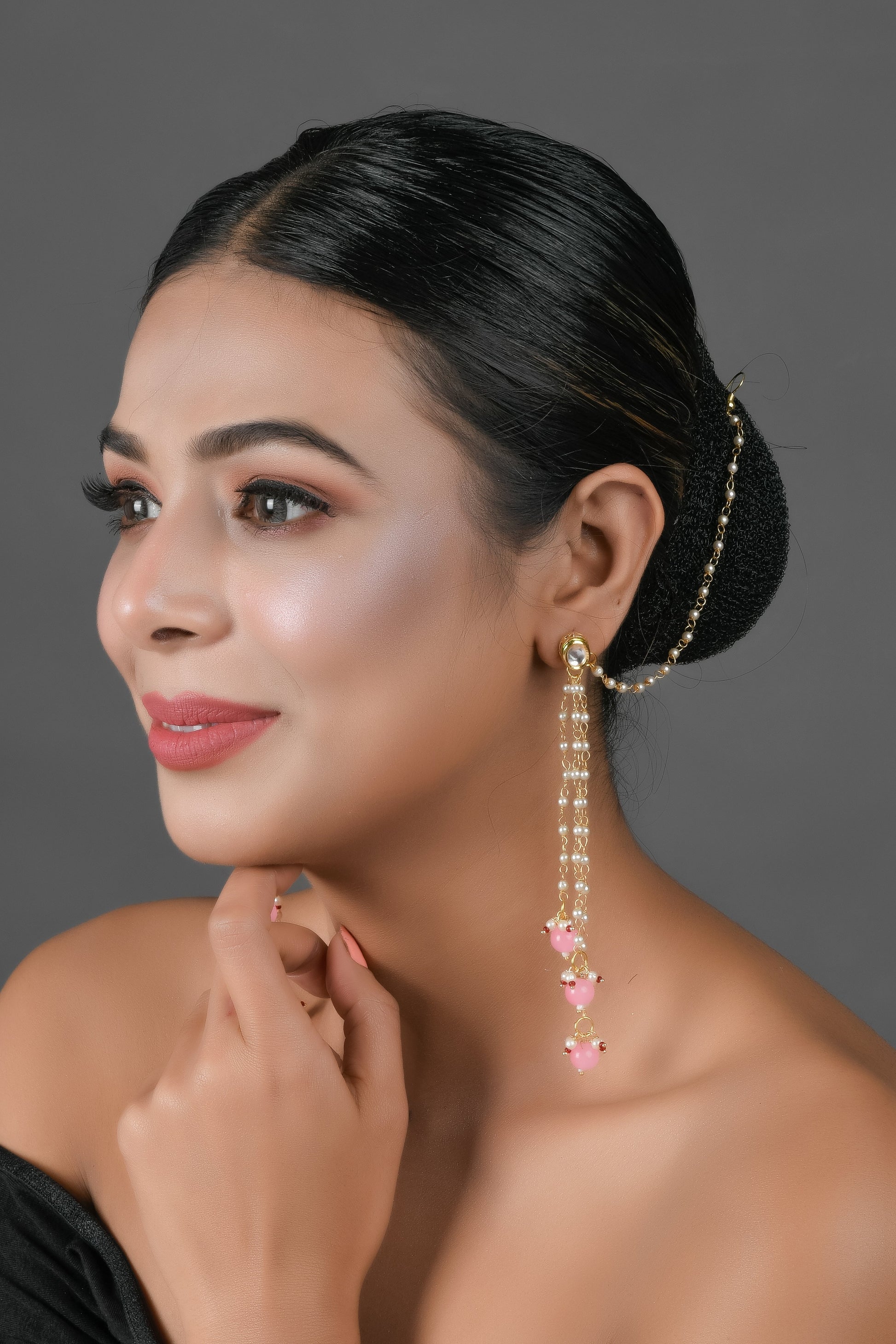 Gold and Pink Tone Kundan Inspired Pearl Tassel Earrings with Hair Chain