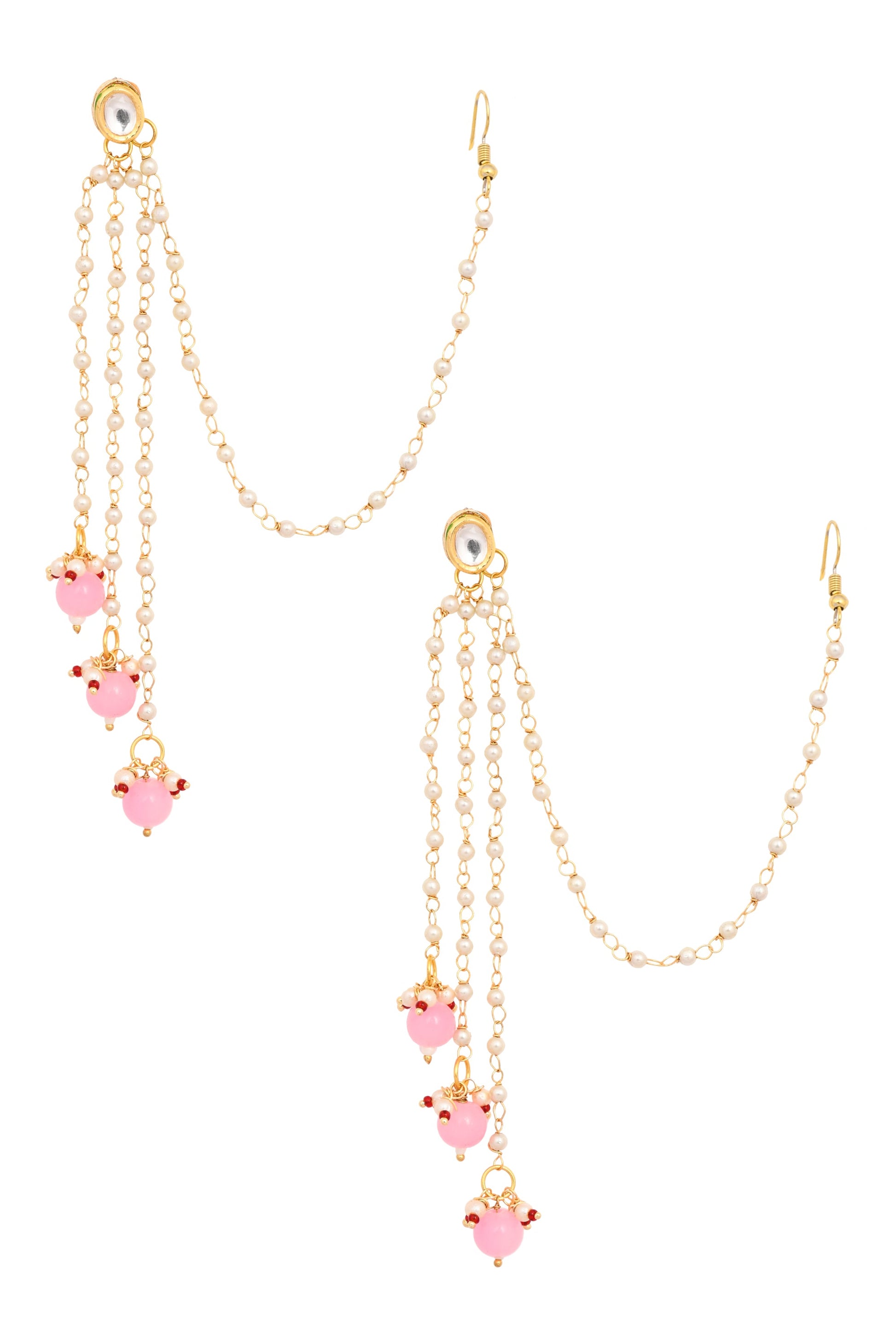 Gold and Pink Tone Kundan Inspired Pearl Tassel Earrings with Hair Chain