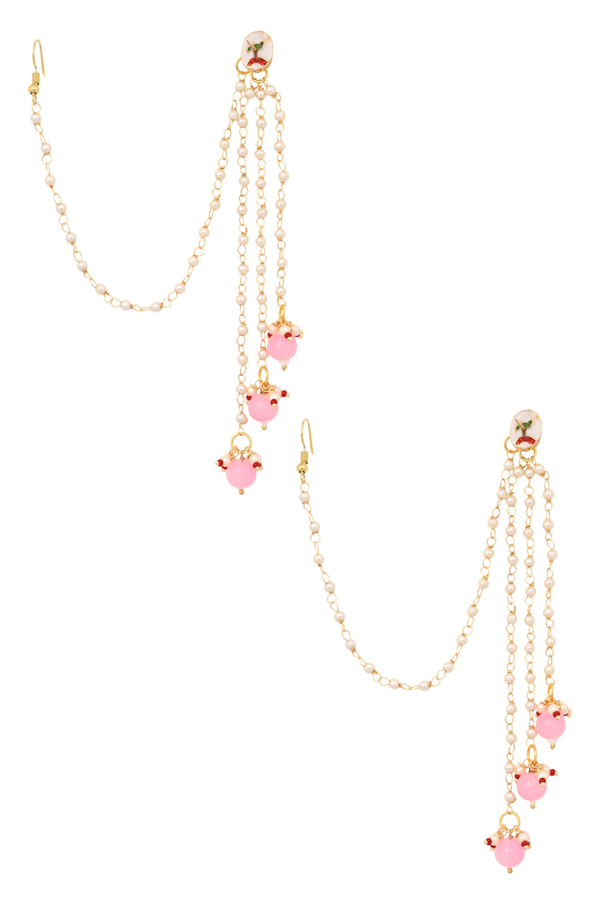 Gold and Pink Tone Kundan Inspired Pearl Tassel Earrings with Hair Chain