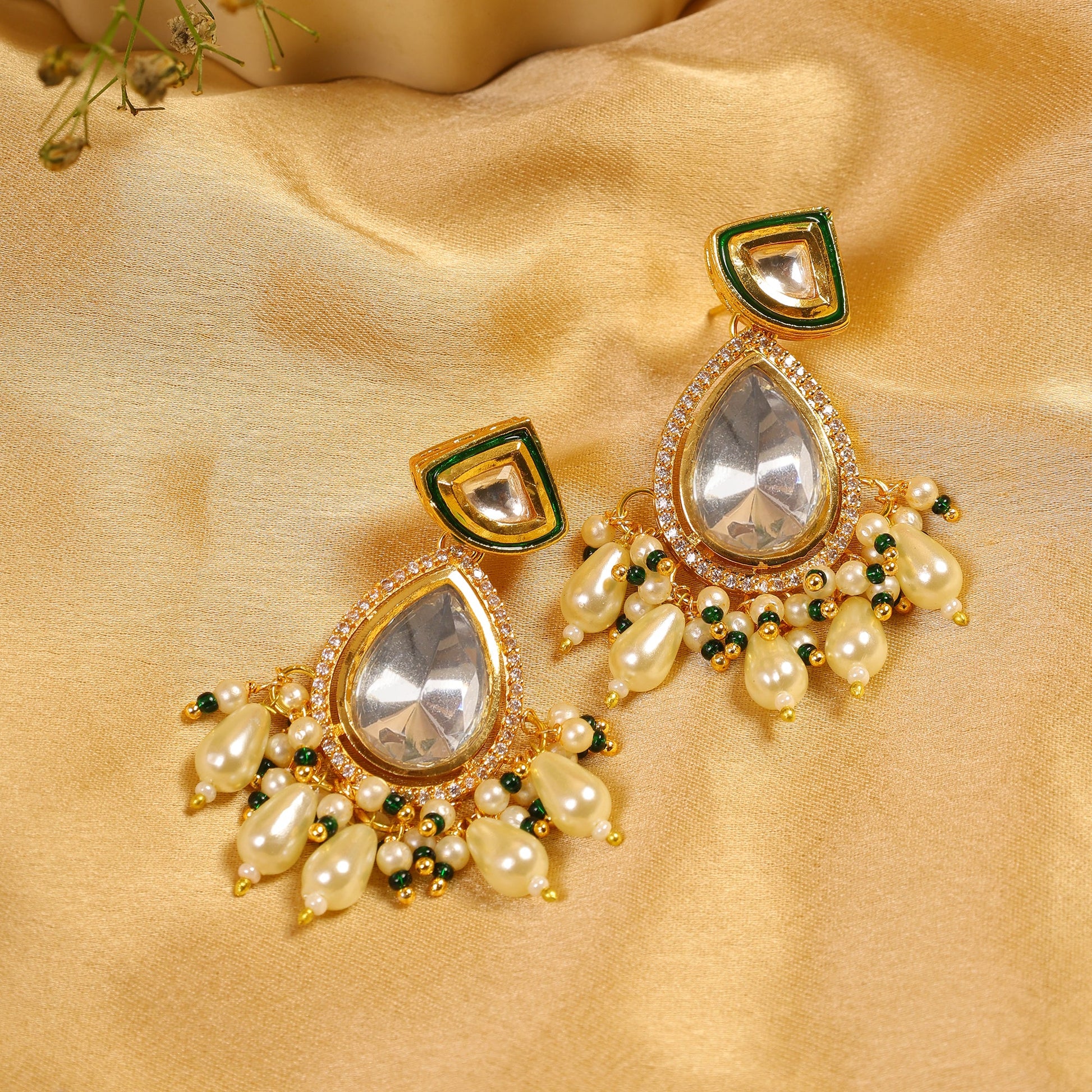Kundan Polki Drop Earrings with pearls