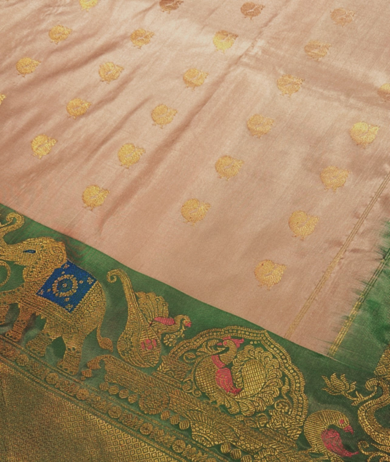 Beige Gadwal Silk Saree Green Border Gold Zari Elephant Motifs