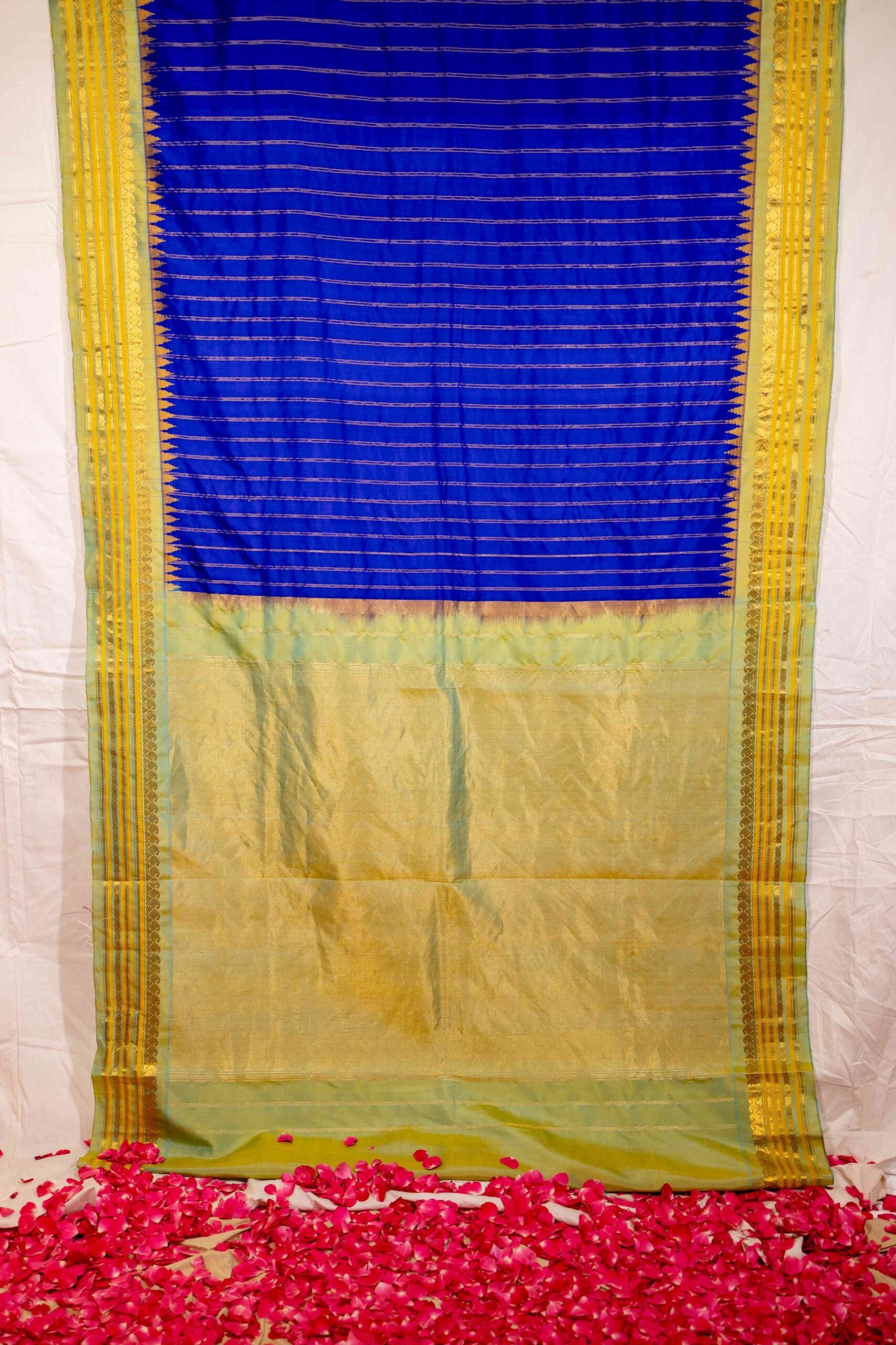Blue Yellow Green Gadwal Silk Saree Stripes Booti Temple Border