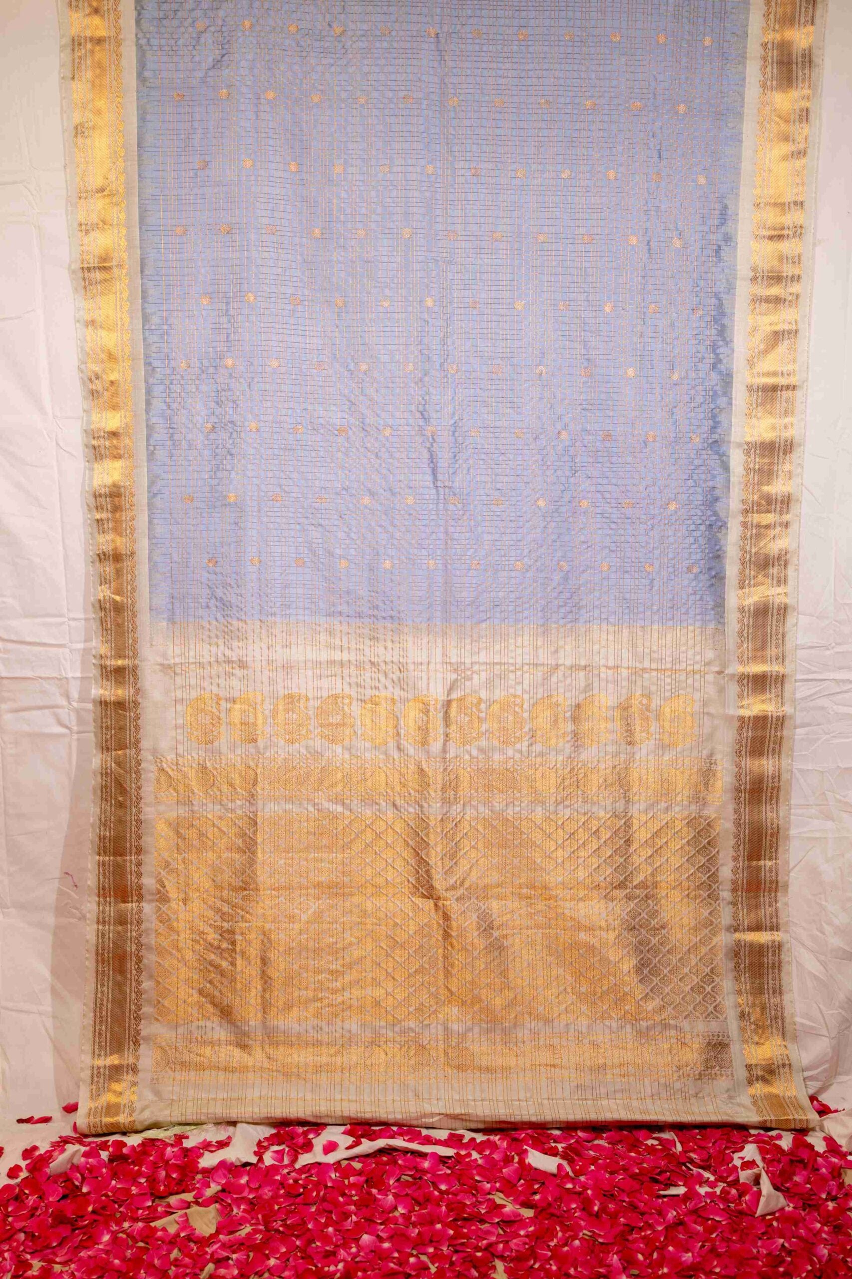 Bluish Grey Ivory Gadwal Silk Saree Gold Checks Minimal Border