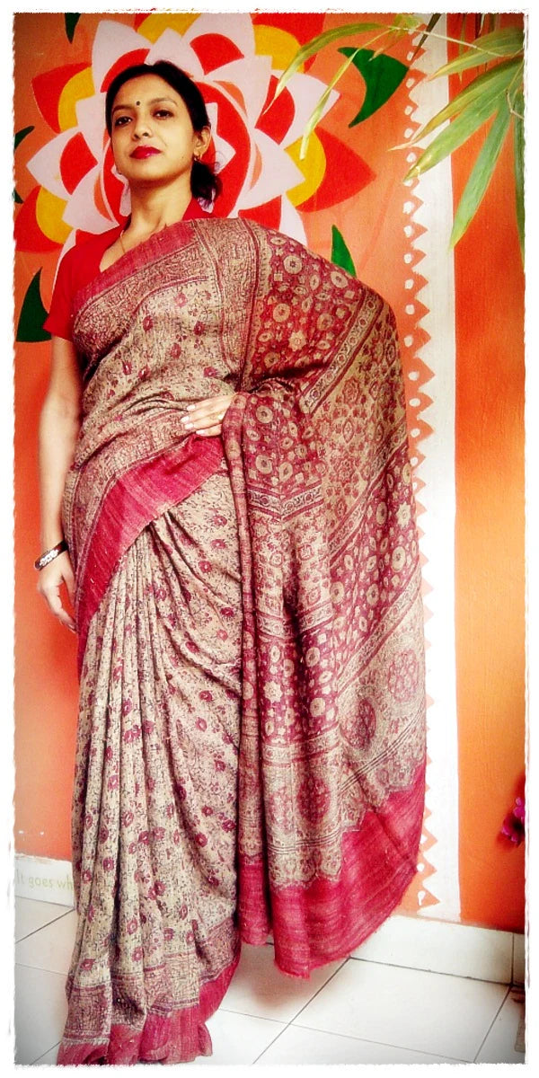 Madder Red Kattha Cream Gicha Silk Ajrakh Handblock Saree Nature