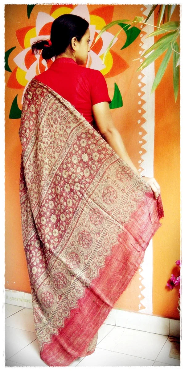 Madder Red Kattha Cream Gicha Silk Ajrakh Handblock Saree Nature
