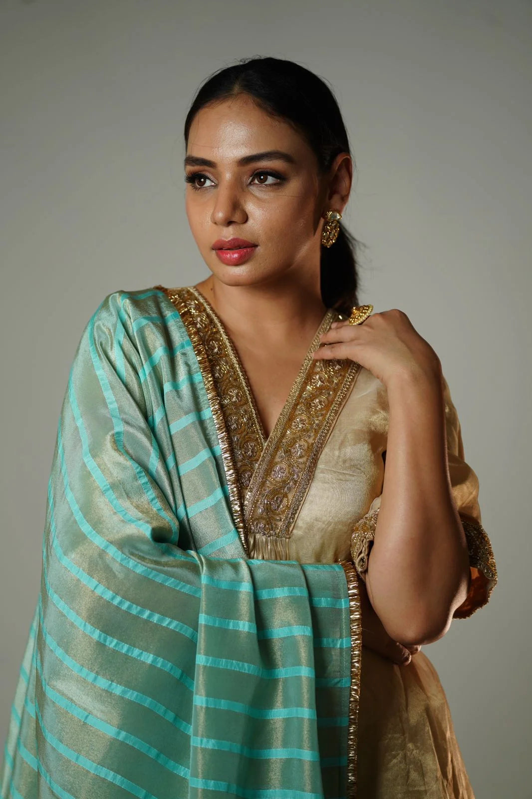 Golden Hour Gold Tissue Tunic with Zardosi & Stripe Dupatta - Festive Tunic