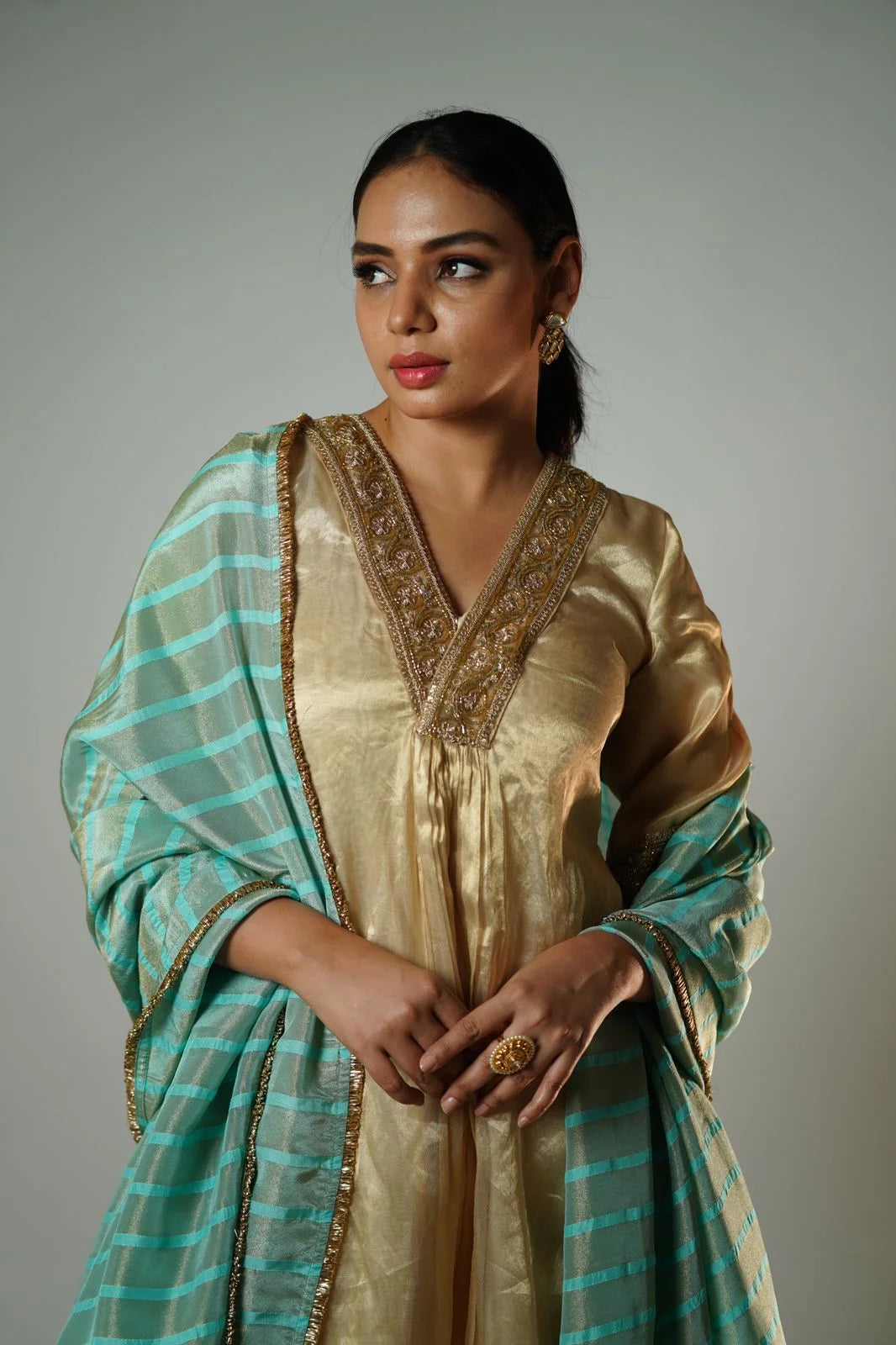 Golden Hour Gold Tissue Tunic with Zardosi & Stripe Dupatta - Festive Tunic