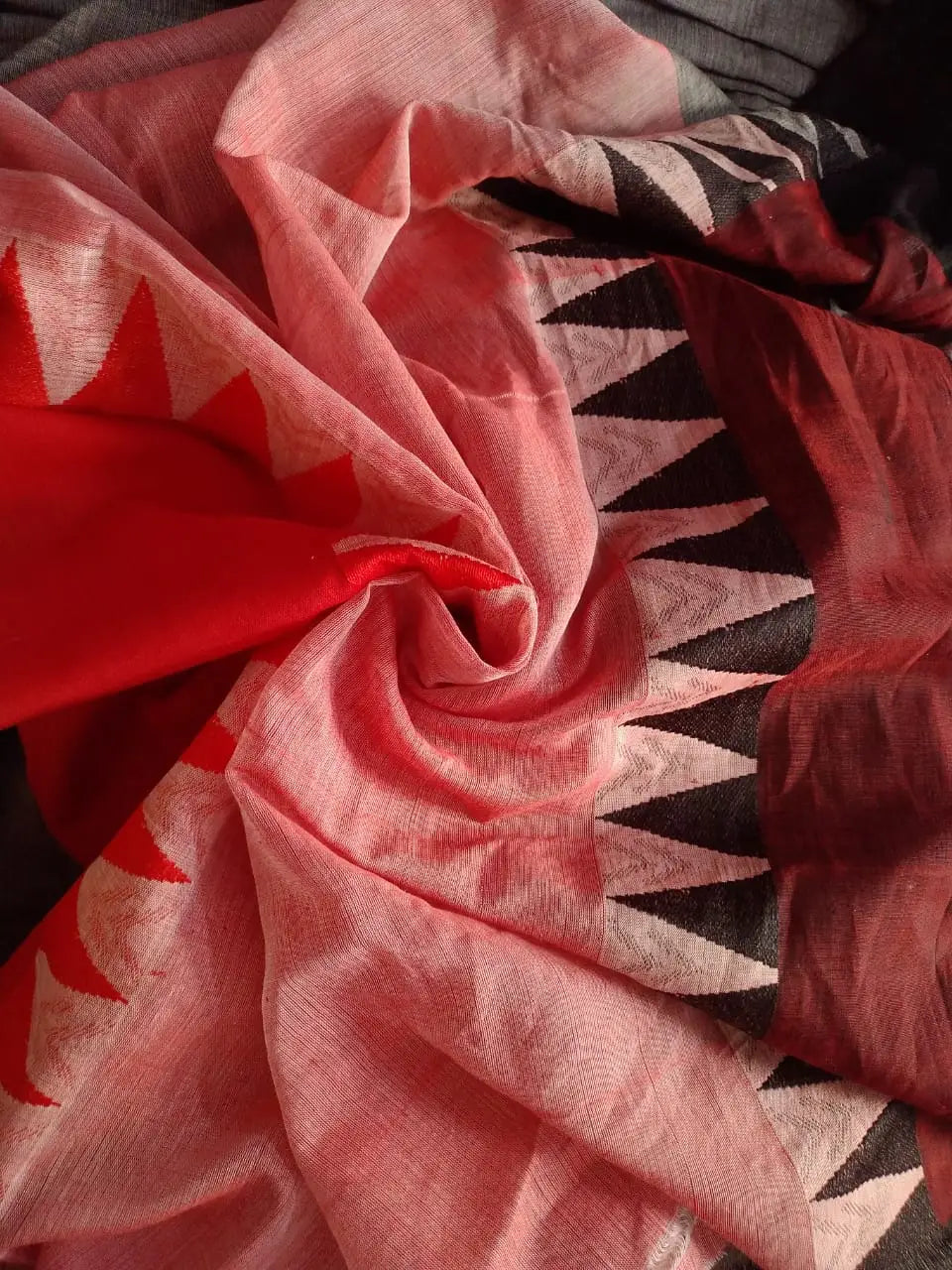 Red Gray Handwoven Bengal Cotton Saree Jamdani Kalka Temple Motifs