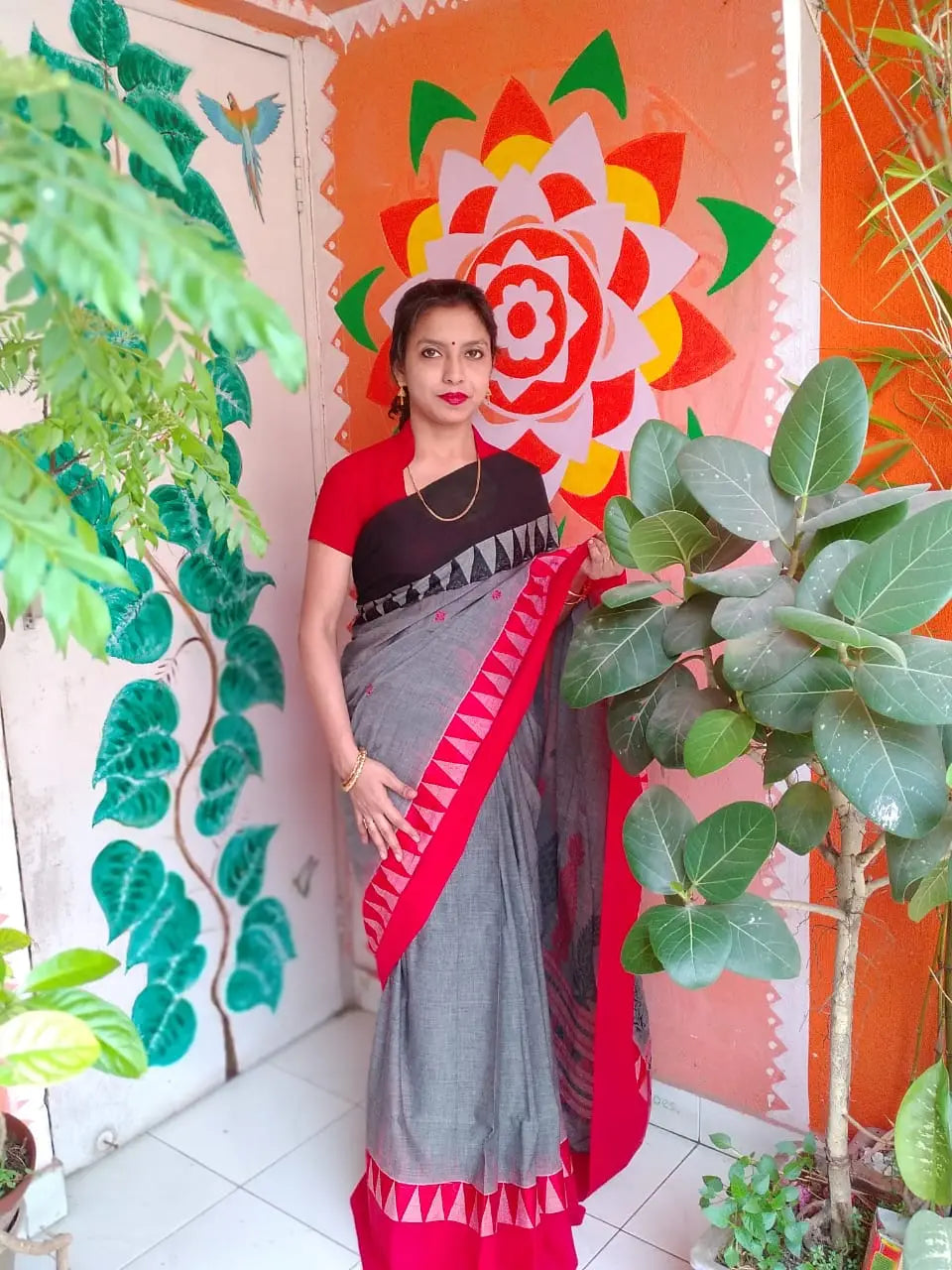 Gray Modal Silk Ajrakh Handblock Saree Aanokhi