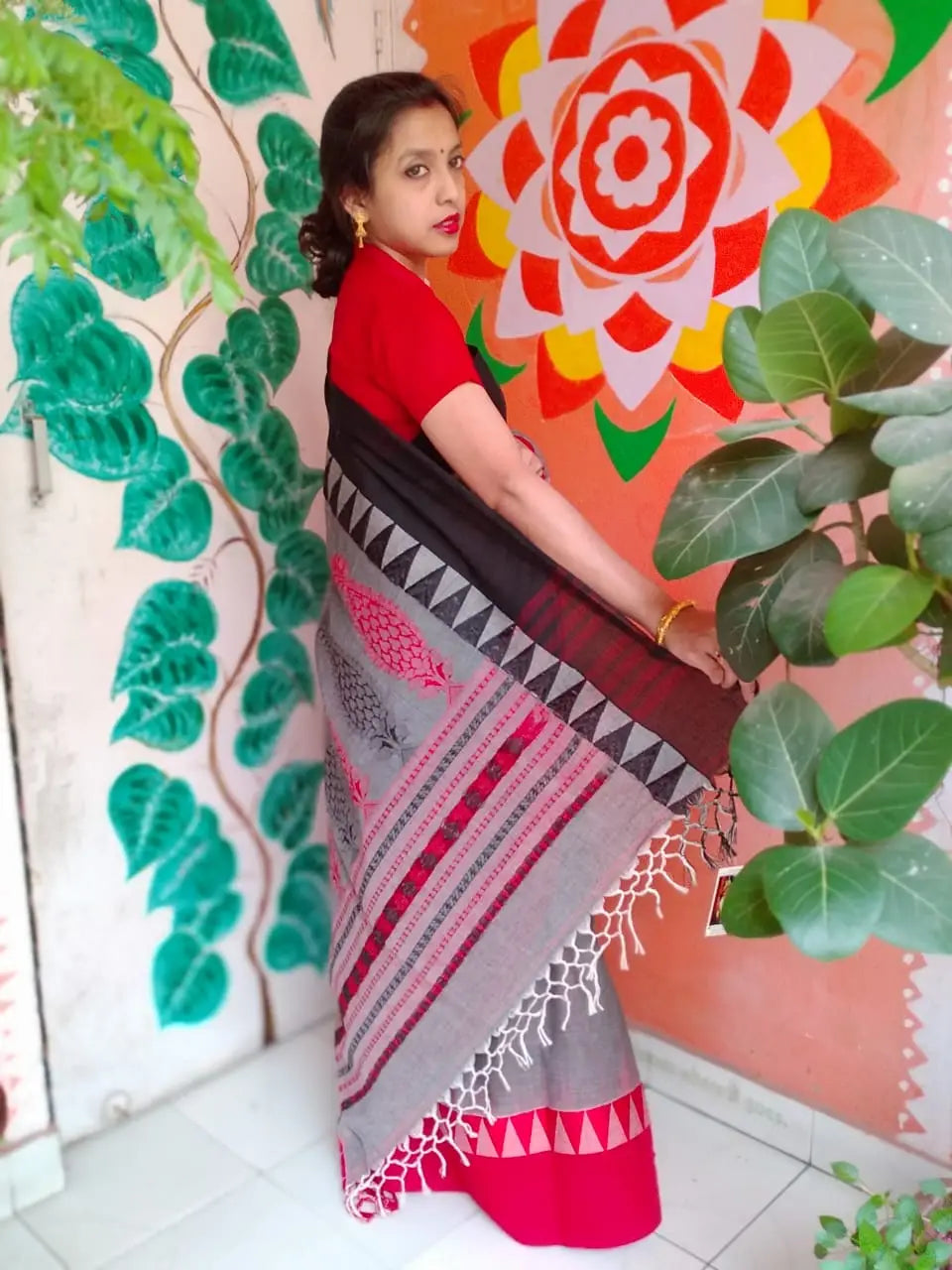 Gray Modal Silk Ajrakh Handblock Saree Aanokhi