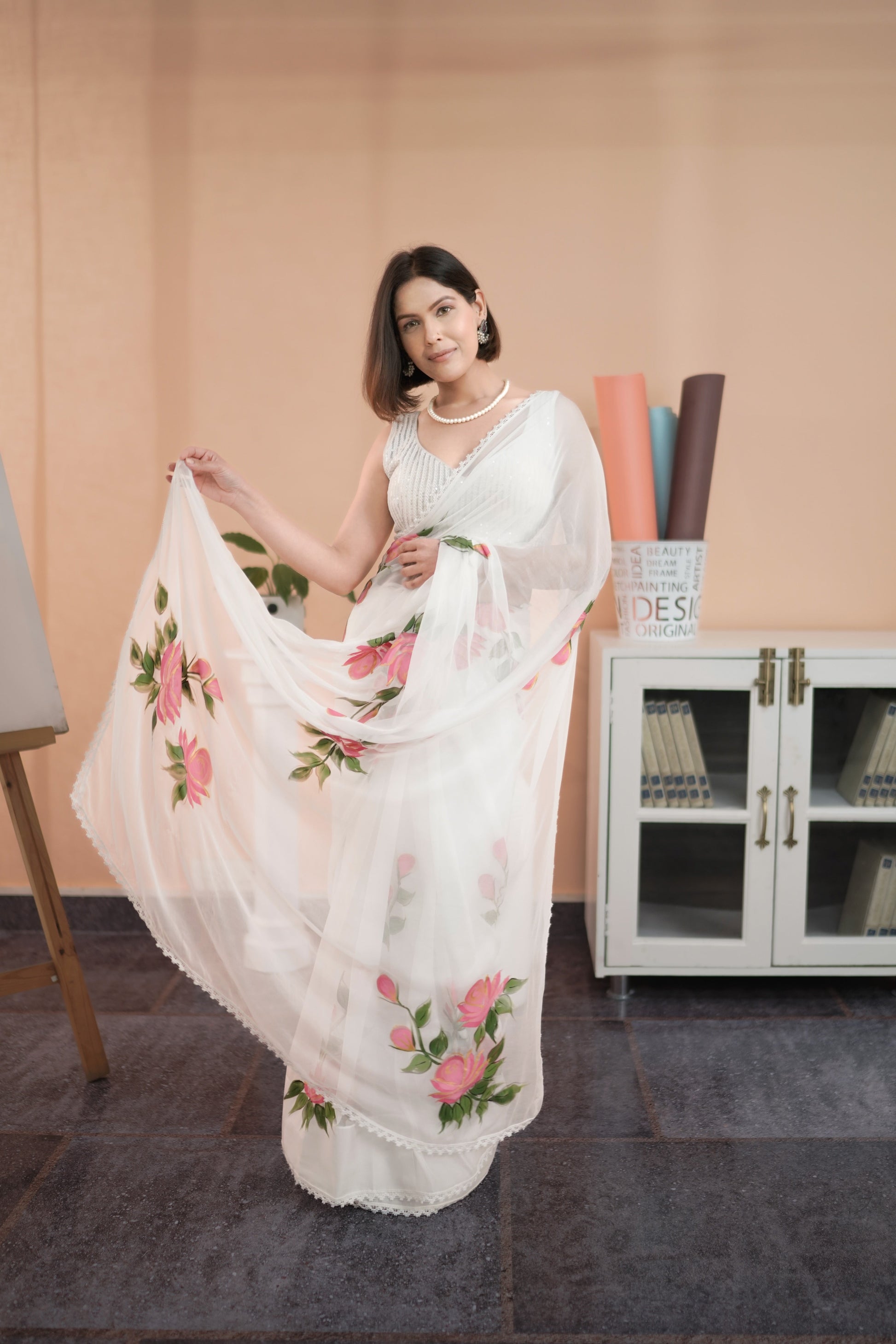 Serene White Chiffon Handpainted Saree Lace Border Floral