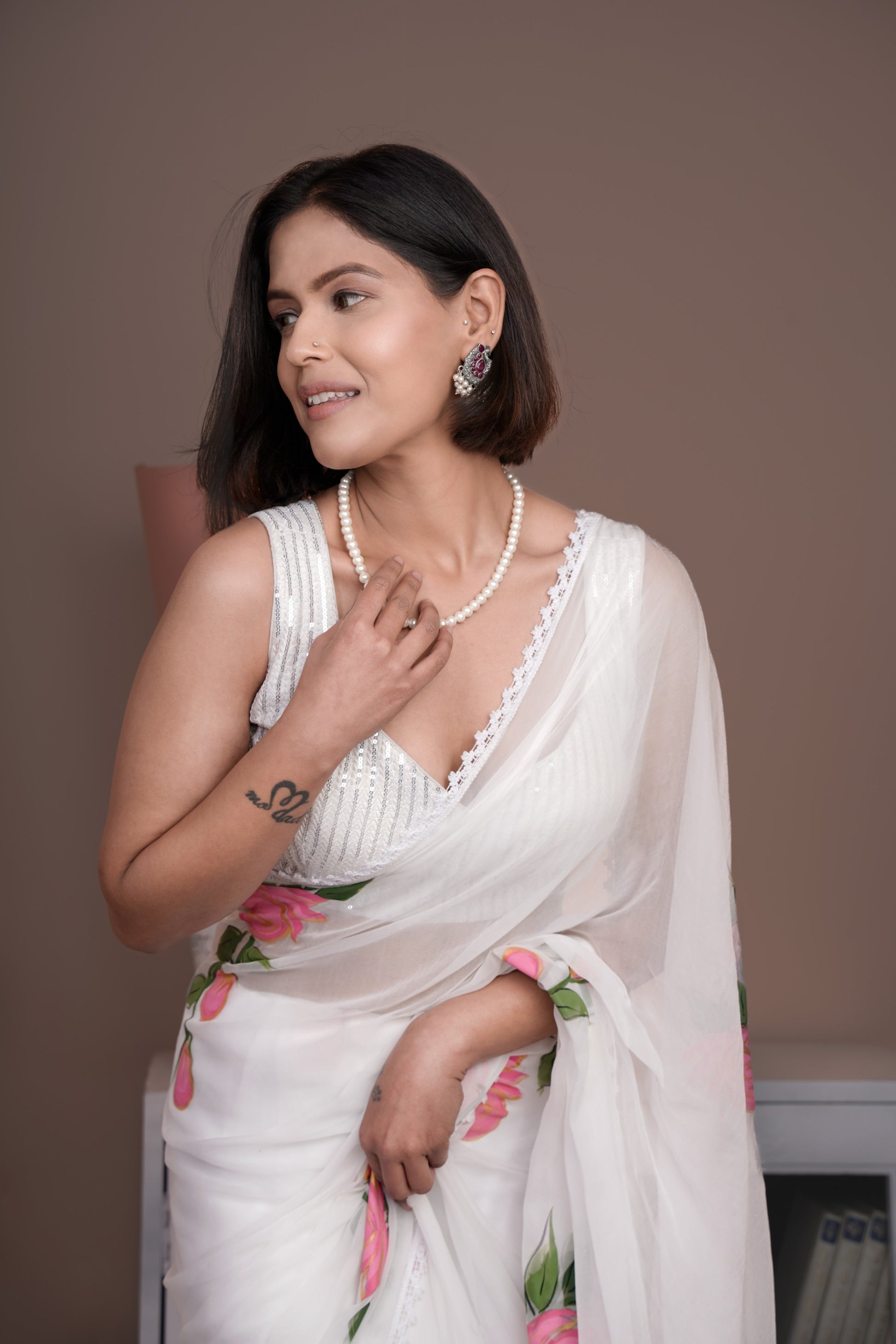 Serene White Chiffon Handpainted Saree Lace Border Floral